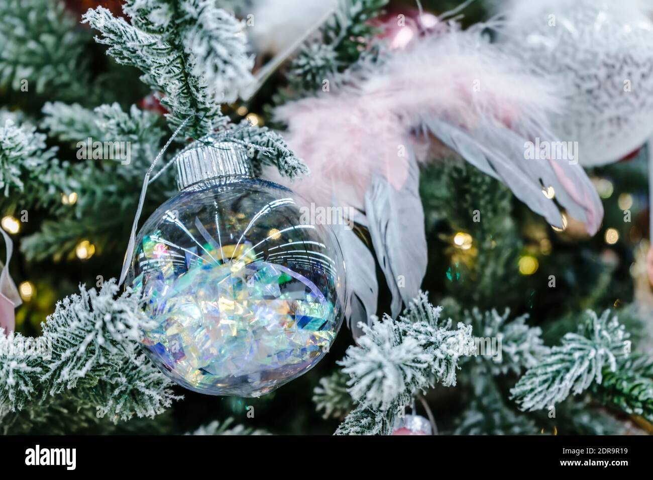 Neujahr und Weihnachten Reeting-Karte mit transparentem Ballon auf Ein Fichtenzweig Stockfoto