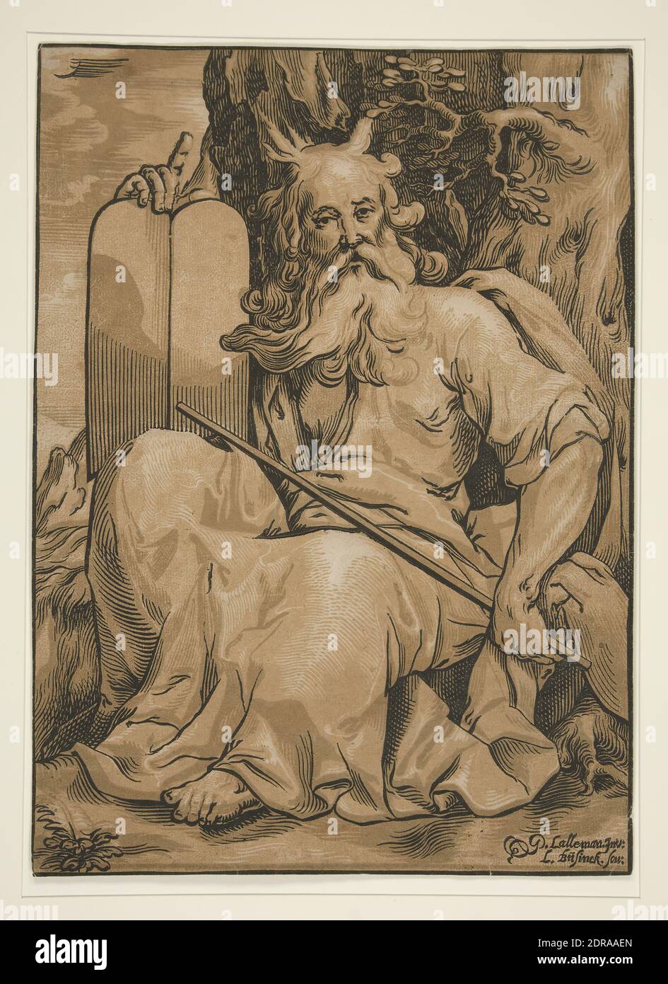 Holzfäller: Ludwig Büsinck, deutsch, 1590–1650, danach: Georges Lallemand, französisch, ca. 1580–1636, Moses, ca. 1623, Chiaroscuro Holzschnitt, Blatt: 39.8 × 28.5 cm 15 11/16, Made in Germany, deutsch, 17. Jahrhundert, Arbeiten auf Papier - × 11 1/4 Drucke Stockfoto