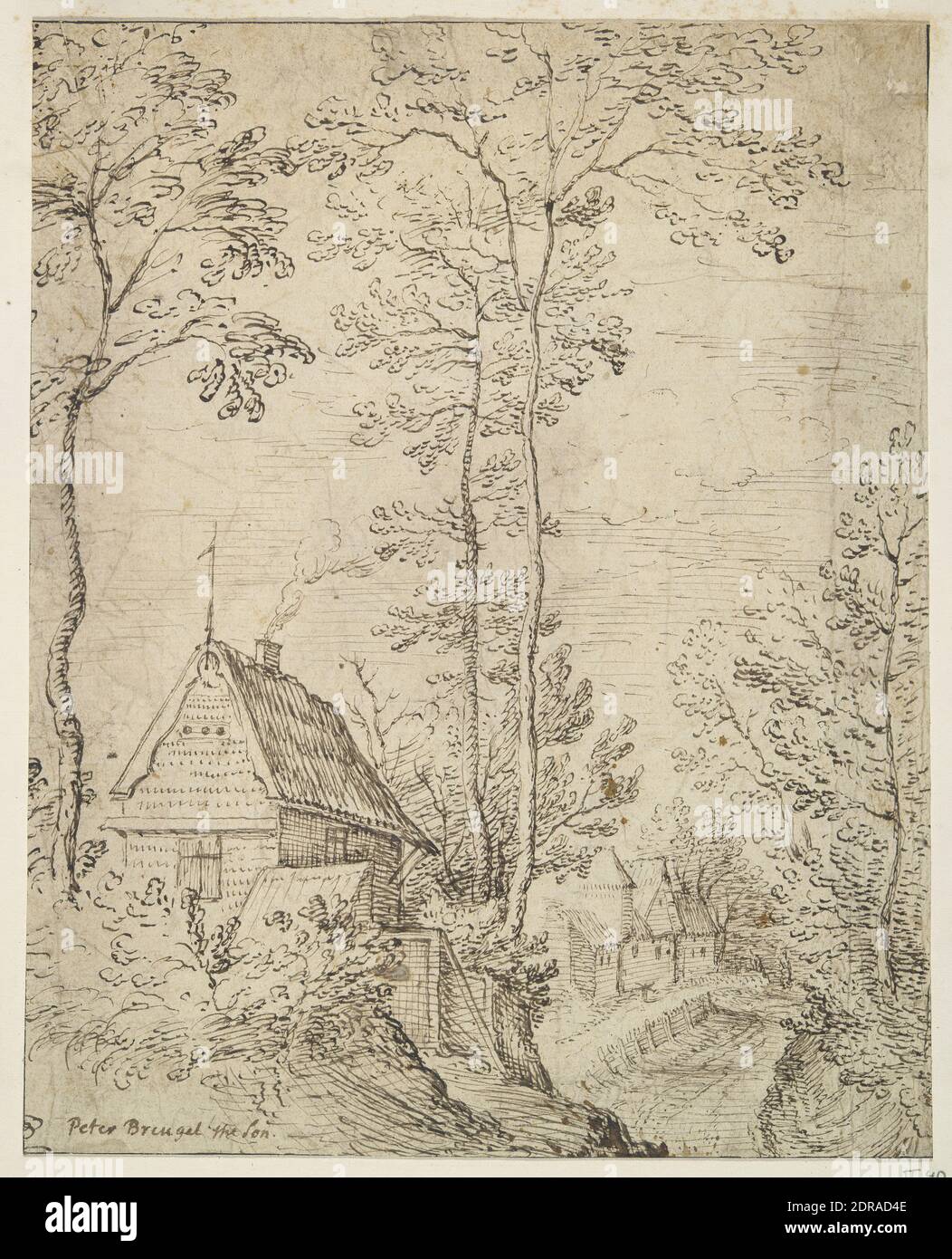 Künstler, Schule von: Pieter Brueghel der Ältere, Flämisch, ca. 1525–1569, Haus auf einem Hügel mit Straße nach rechts, Feder und dunkelbraune Tinte, Blatt: 22 × 17.6 cm (8 11/16 × 6 15/16 in.), in Flandern, Flämisch, 16. Jahrhundert, Arbeiten auf Papier - Zeichnungen und Aquarelle Stockfoto