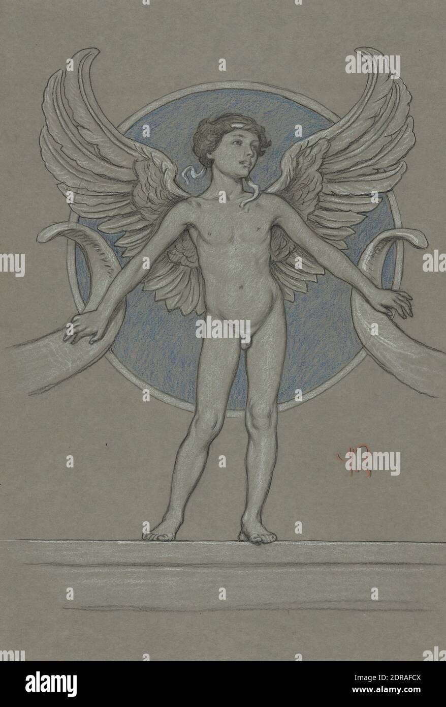 Künstler: Elihu Vedder, Amerikaner, 1836–1923, Junge mit Flügeln + Cornucopia, Schwarz-weiße Kreide, 2 Schattierungen von blauem Pastell und orangefarbenem Pastell auf grauem Papier, Blatt: 19 1/8 × 13 3/16 Zoll (48.6 × 33.5 cm), hergestellt in den USA, amerikanisch, 19.–20. Jahrhundert, Arbeiten auf Papier - Zeichnungen und Aquarelle Stockfoto