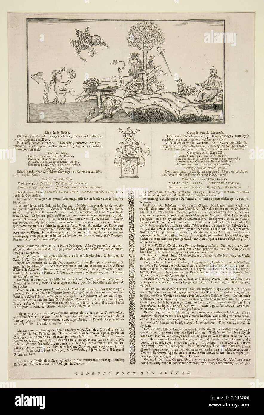 Politische Fabel - Karikatur, gravierte Breitseite mit Text in Französisch und Niederländisch unten Gravur, Blatt: 51.8 × 33.7 cm (20 3/8 × 13 1/4 in.), in Flandern hergestellt, möglicherweise flämisch, 17. Jahrhundert, Arbeiten auf Papier - Drucke Stockfoto