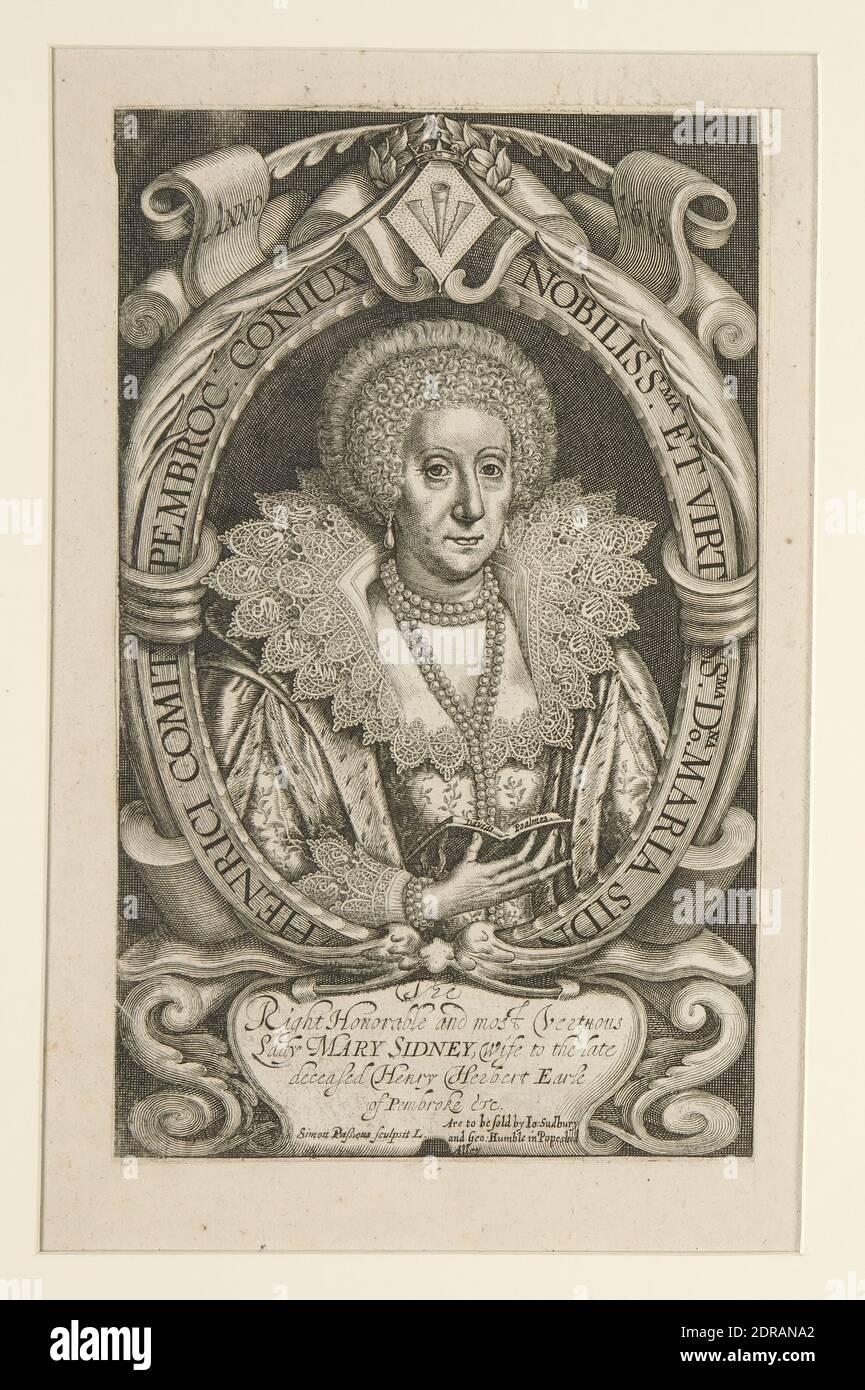Graveur: Simon [van] de Passe, Niederländisch, 1595–1647, Mary Sidney, Gräfin von Pembroke mit offenem Band von Davids Psalmen F. 812, Gravur, Bild: 17.8 × 10.8 cm, × Made in the Netherlands, Niederländisch, 17. Jahrhundert, Werke auf Papier - 1/4 Drucke Stockfoto