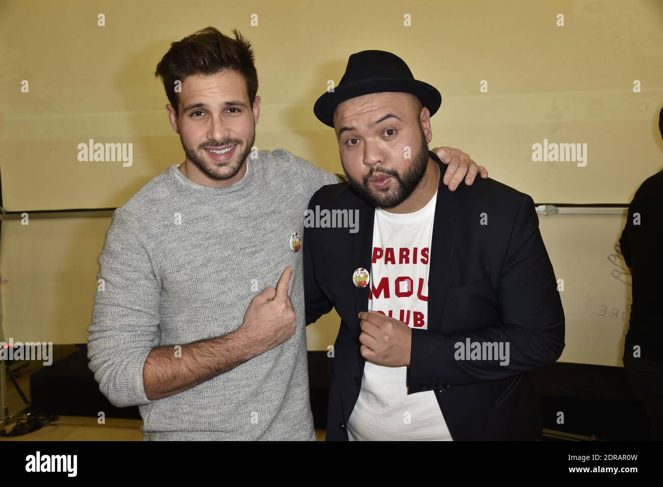 Damien Lauretta und Raphal Yem nehmen an der von Secours Populaire organisierten Peres Noel Verts-Veranstaltung im La Maison de la Radio in Paris, Frankreich, am Montag, den 7. Dezember 2014 Teil. Foto von Nicolas Gouhier/ABACAPRESS.COM Stockfoto