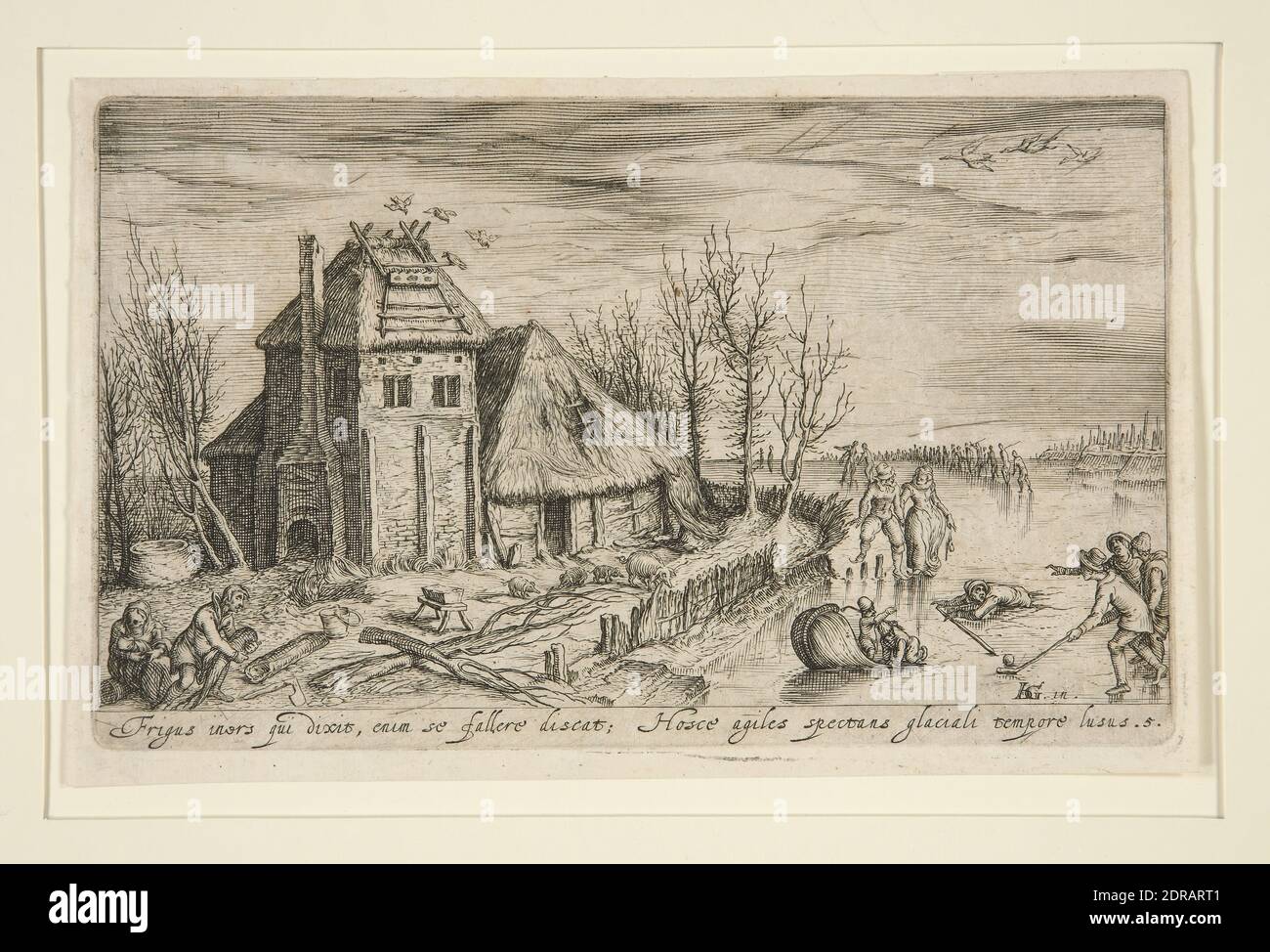 Graveur: Andries Jacobsz. Stock, Niederländisch, ca. 1580–nach 1648, nach: Jacques de Gheyn II, Niederländisch, 1565–1629, Winterlandschaft mit Skater, ca. 1610, Gravieren, Bogen: 11.1 × 17.5 cm (4 3/8 × 6 7/8 in.), hergestellt in den Niederlanden, Niederländisch, 16. Jahrhundert, Arbeiten auf Papier - Drucke Stockfoto