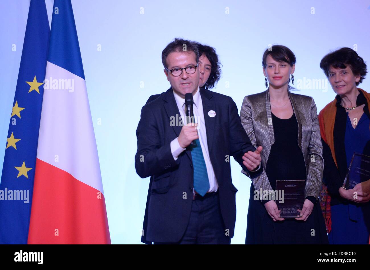 Martin Hirsch, Direktor der Pariser öffentlichen Assistenzkliniken AP-HP, hält eine Rede während der Preisverleihung von La France S'Engage (France makes A stand) am 22. Dezember 2015 im Präsidentenpalast Elysee in Paris, Frankreich. Das Projekt La France s'Engage zielt darauf ab, alle sechs Monate 15 sozial nützliche innovative Projekte zu belohnen. Foto von Christian Liewig/ABACAPRESS.COM Stockfoto