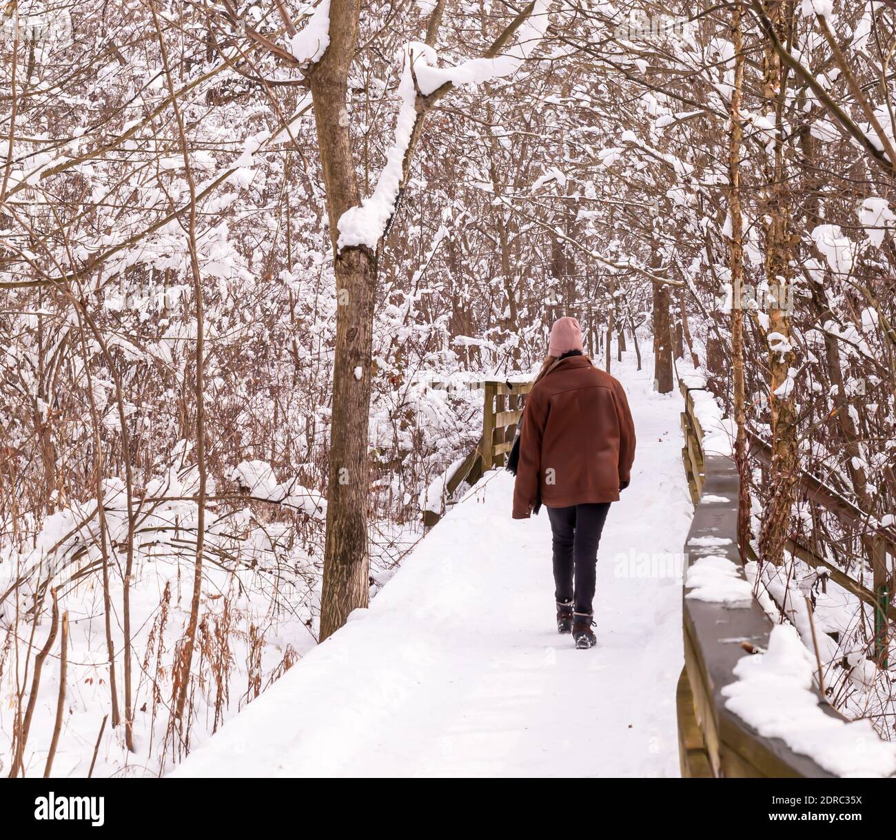 Ein Mann, der im Winter auf einer schneebedeckten Holzbrücke im Frick Park in Pittsburgh, Pennsylvania, USA, läuft Stockfoto