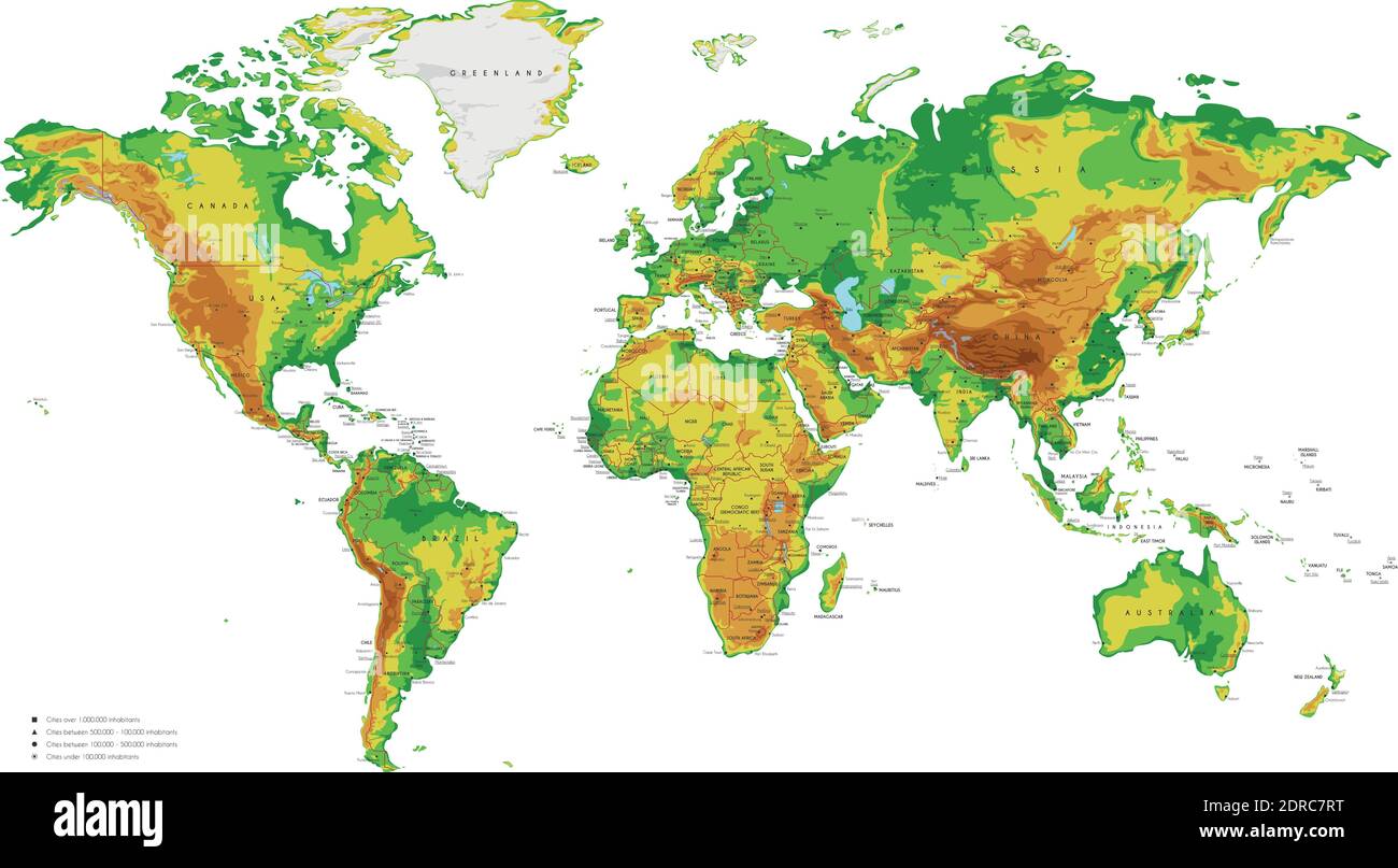 Physische Weltkarte Vektordarstellung mit Städten, Ländern und internationalen Grenzen Stock Vektor