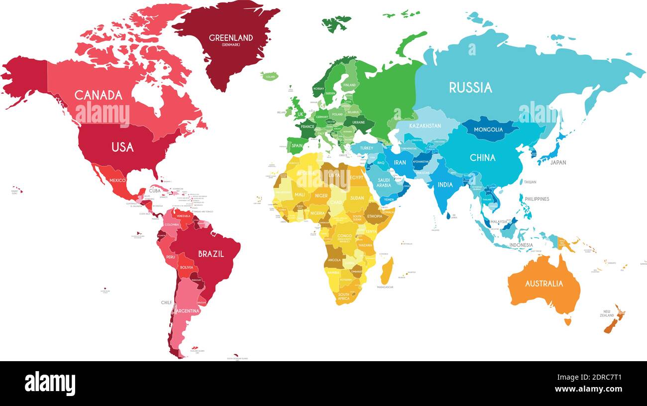 Politische Weltkarte Vektor-Illustration mit verschiedenen Farben für jeden Kontinent und verschiedene Töne für jedes Land. Editierbar und klar beschriftet la Stock Vektor