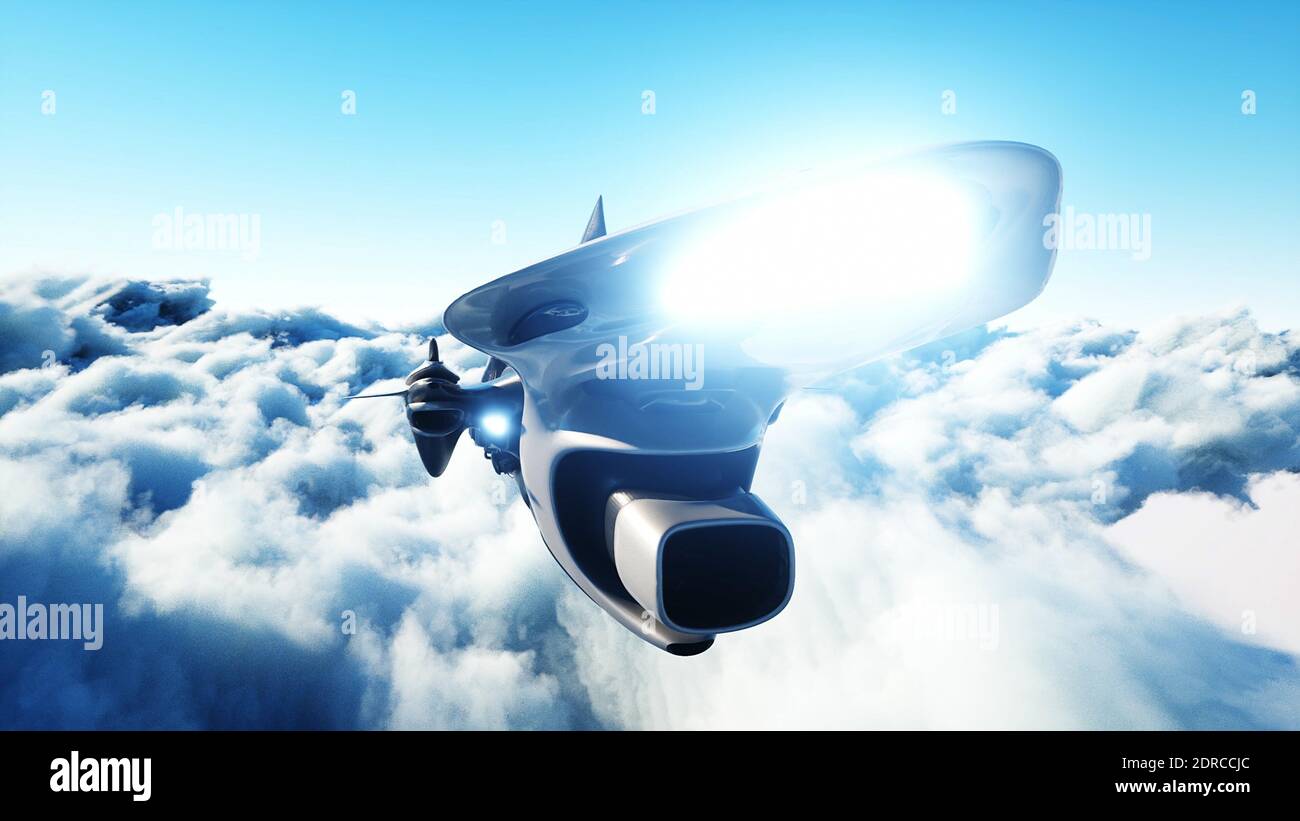 Futuristisches Science-Fiction-Schiff, das in den Wolken fliegt. 3d-Rendering. Stockfoto Futuristisches Science-Fiction-Schiff, das in den Wolken fliegt. 3d-Rendering. Stockfoto