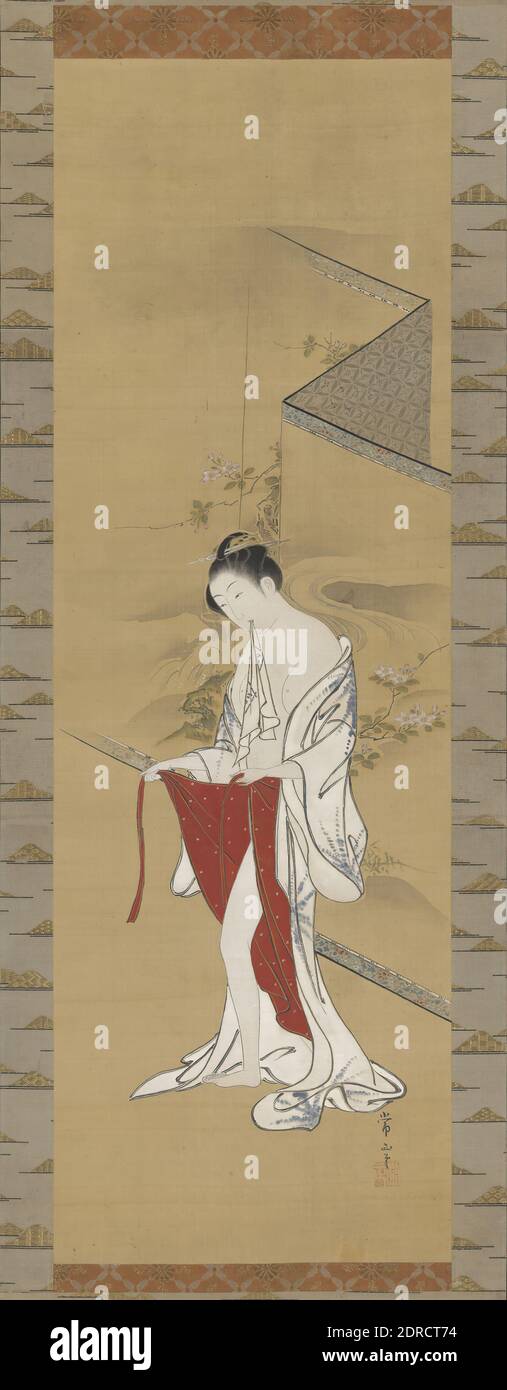 Künstler: Kawamata Tsunemasa, japanisch, aktiv ca. 1716–48, Schönheit nach dem Bad, ca. 1716–48, hängende Schriftrolle, Tusche und Farbe und Gold auf Seide, ohne Befestigung: 31 7/8 × 10 1/2 Zoll (81 × 26.6 cm), wenig bekannt über den Künstler Kawamata Tsunemasa, und nur etwa dreißig Gemälde tragen seine Unterschrift, einschließlich dieser Schriftrolle. Er arbeitete hauptsächlich im Kyoto-Gebiet und spezialisierte sich auf Bilder, die mit der schwimmenden Welt oder Ukiyo-e, einem Schlagwort für Bilder von städtischen Aktivitäten und dem Leben von Kurtisanen, in Verbindung stehen. Dieses Werk gehört für sein Risqué zur Kategorie der Malerei in einer Gefahrenzone (abuna-e) Stockfoto