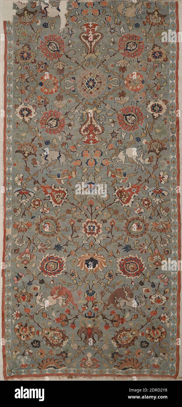 Teppich mit Blumen und Tieren, Anfang des 17. Jahrhunderts, Seidenteppich, 67 1/2 × 31 Zoll (171.5 × 78.7 cm), Iranisch/Persisch, Islamisch, Safaviden (1501–1722), Textilien Stockfoto