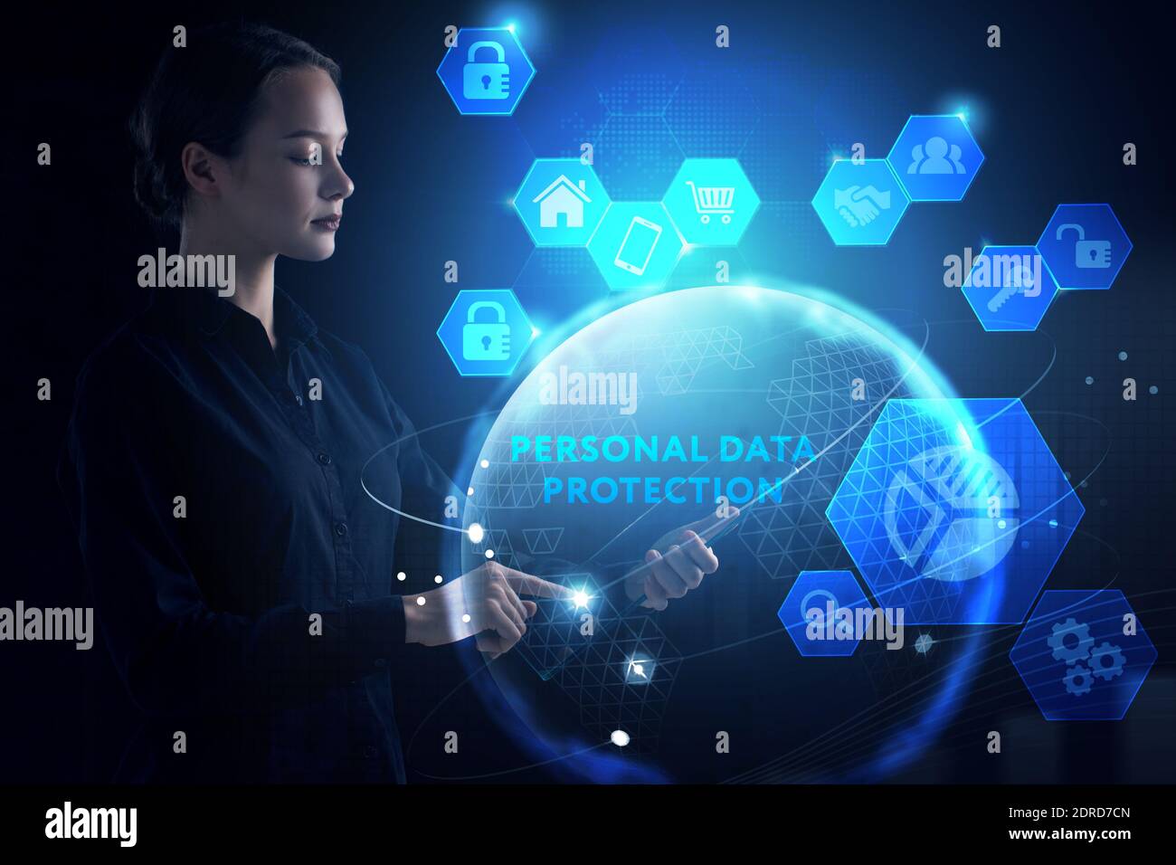 Wirtschaft, Technologie, Internet und Netzwerk Konzept. Junge Unternehmer arbeiten an einer virtuellen Bildschirm der Zukunft und sieht die Inschrift: Persönliche dat Stockfoto