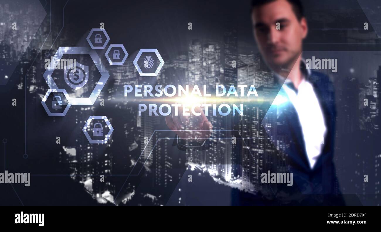 Wirtschaft, Technologie, Internet und Netzwerk Konzept. Junge Unternehmer arbeiten an einer virtuellen Bildschirm der Zukunft und sieht die Inschrift: Persönliche dat Stockfoto