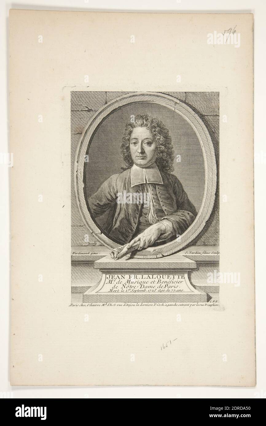 Künstler: Jacques Nicolas Tardieu, Französisch, 1716–1791, nach: Louis Ferdinand Elle, der Ältere, Französisch, 1612–1689, Porträt von Jean François Lalouette, Gravur, Plattenmark: 14.9 × 10.8 cm; 7/8 Blatt: 24.6 × 16.2 cm (9 11/16 × 6 3/8in.), hergestellt in Frankreich, Französisch, 18. Jahrhundert, Arbeiten auf Papier - × Drucke Stockfoto