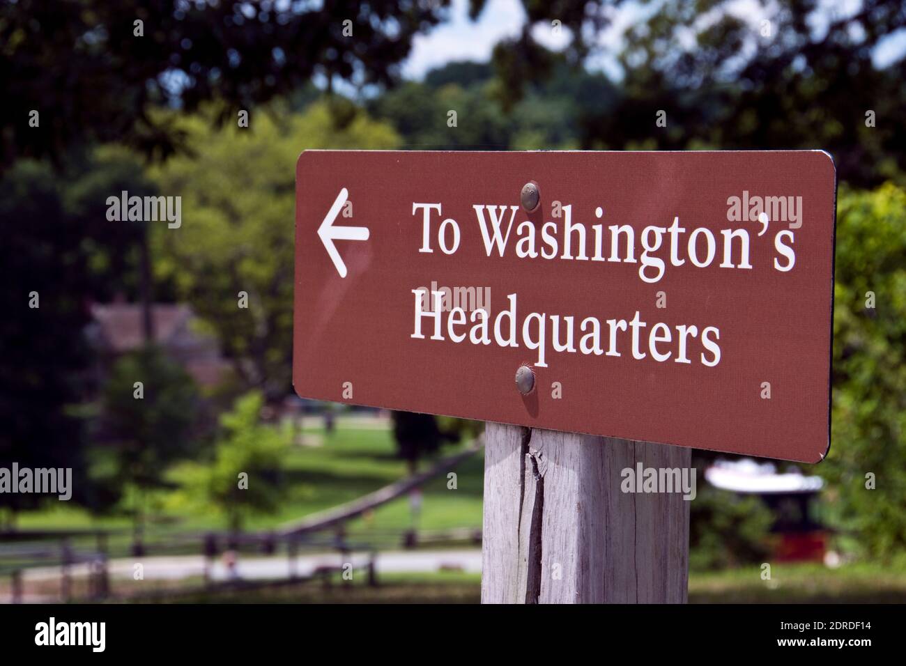 Schild an Washingtons Hauptquartier (Isaac Potts House), das während der Winterlager der Kontinentalarmee in Valley Forge während der amerikanischen Revolution benutzt wurde. Stockfoto
