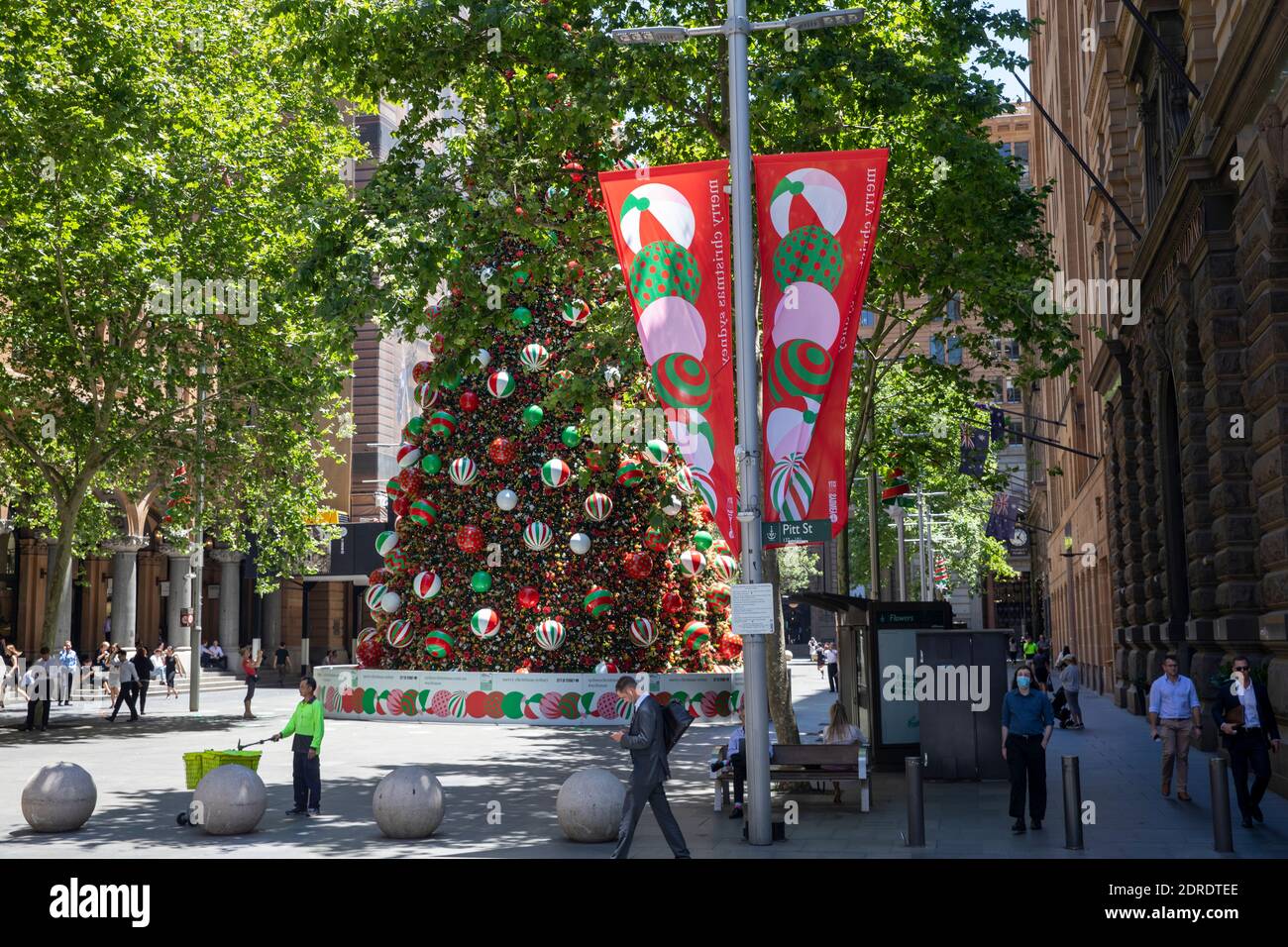 Riesiger Weihnachtsbaum und Weihnachtsbanner in Martin Platz in Stadtzentrum von Sydney, NSW, Australien Stockfoto