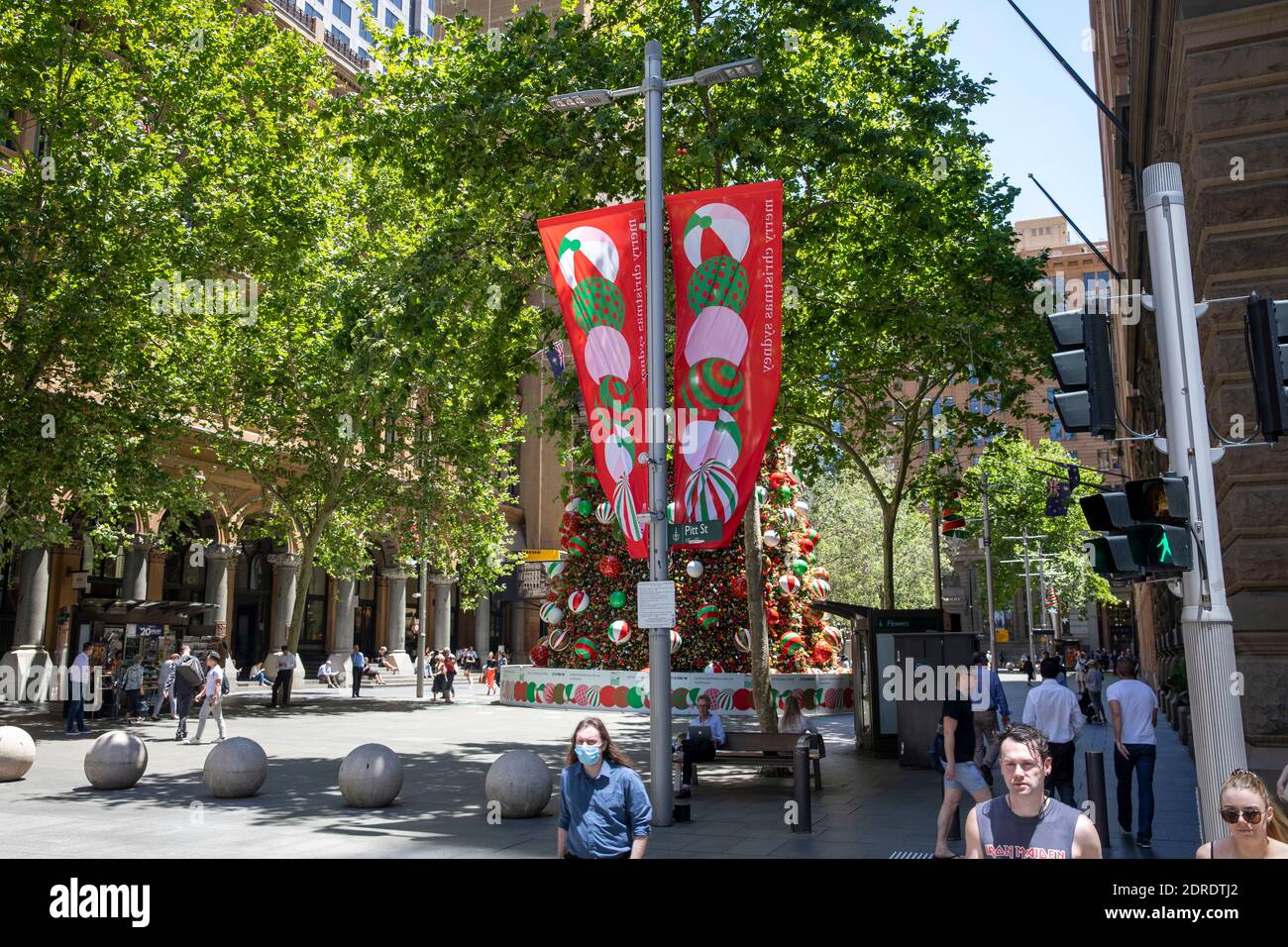Riesiger Weihnachtsbaum und Weihnachtsbanner in Martin Platz in Stadtzentrum von Sydney, NSW, Australien Stockfoto