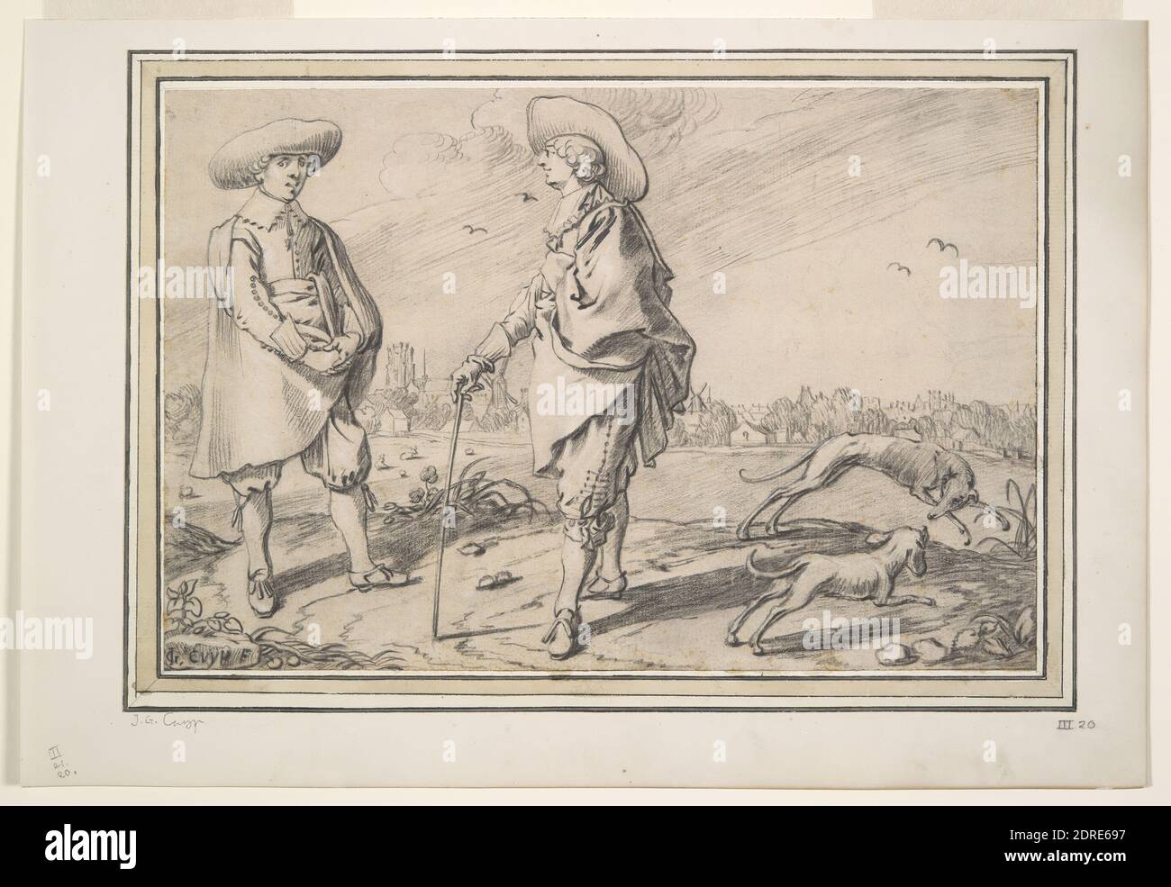 Künstler: Jacob Gerritsz Cuyp, Niederländisch, 1594–1651, Porträt zweier Herren aus Dordrecht, um 1630, Schwarze Kreide mit Weiß (mit ein paar Berührungen schwarzer Tinte) auf Büffelpapier erhöht, Blatt: 16.8 × 27.9 cm (6 5/8 × 11 in.), Dies ist eine von zwei signierten Zeichnungen von Jacob Gerritsz. Cuyp, der wie sein berühmter Sohn Aelbert und andere Familienmitglieder in Dordrecht arbeitete. In dieser Zeichnung sieht einer der Herren den Betrachter an, der vielleicht kurz vor dem Sprechen steht; der andere im Profil betrachtet den ersten. Stockfoto