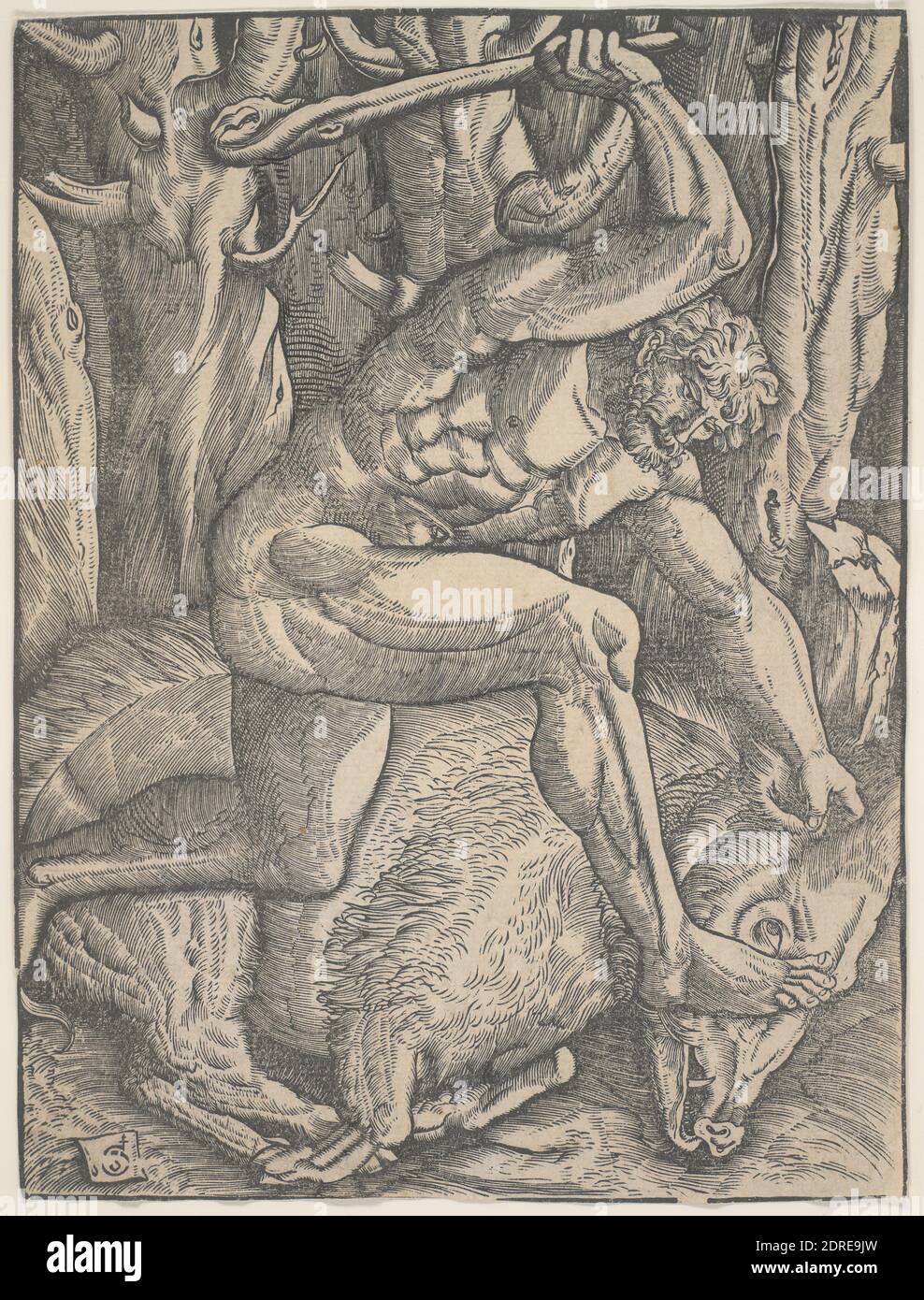 Künstler: Gabriel Salmon, französisch, 1504–1542, Hercules Slaying the Erymanthian Boar, ca. 1528, Holzschnitt, Blatt: 19.05 × 13.97 cm (7 1/2 × 5 1/2 in.), made in France, französisch, 16. Jahrhundert, Arbeiten auf Papier - Drucke Stockfoto