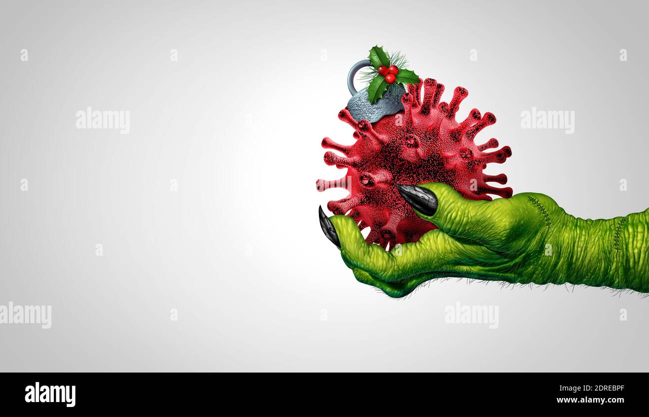 Böse Virus Feiertag und Weihnachten Saison Infektion oder Winter Grippe-Krankheit Konzept als dekoriertes Baumschmuck als ansteckende Zelle geformt. Stockfoto