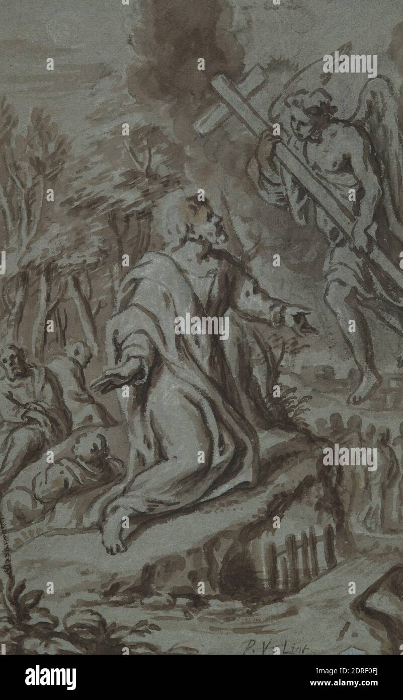 Künstler: Peter van Lint, Flämisch, 1609–1690, Christ in Gethsemane, Pinsel und braune Tinte über Vorzeichnung in schwarzer Kreide mit Weiß auf bläulich-grauem Papier erhöht, Blatt: 26.9 × 16.9 cm (10 9/16 × 6 5/8 in.), Made in Flandern, Flämisch, 17. Jahrhundert, Arbeiten auf Papier - Zeichnungen und Aquarelle Stockfoto