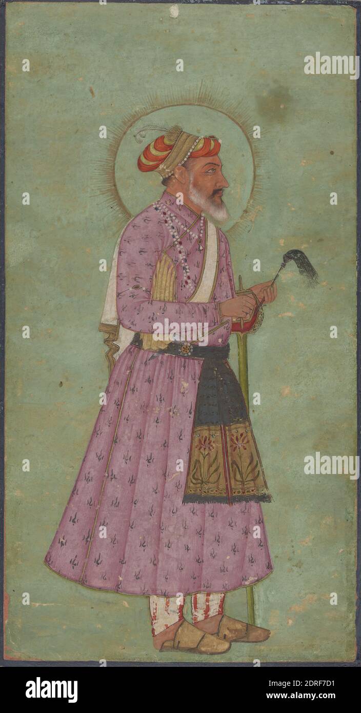 Porträt des Kaisers Shah Jahan, ca. 1680, Deckfarbenes Aquarell auf Papier, 6 × 3 1/4 Zoll (15.2 × 8.3 cm), individualisierte Porträt blühte in Mogul-Indien ab dem siebzehnten Jahrhundert, auch als mehr traditionelle, idealisierte Möglichkeiten der Darstellung Gesichtszüge blieb in der Praxis. Hier wird ein alterndes Aurangzeb mit einem Halo gezeigt – ein Symbol göttlich ordinierter Könige. , Indien, Inder, Islamischer, Mughal-Dynastie (1526–1857), Gemälde Stockfoto