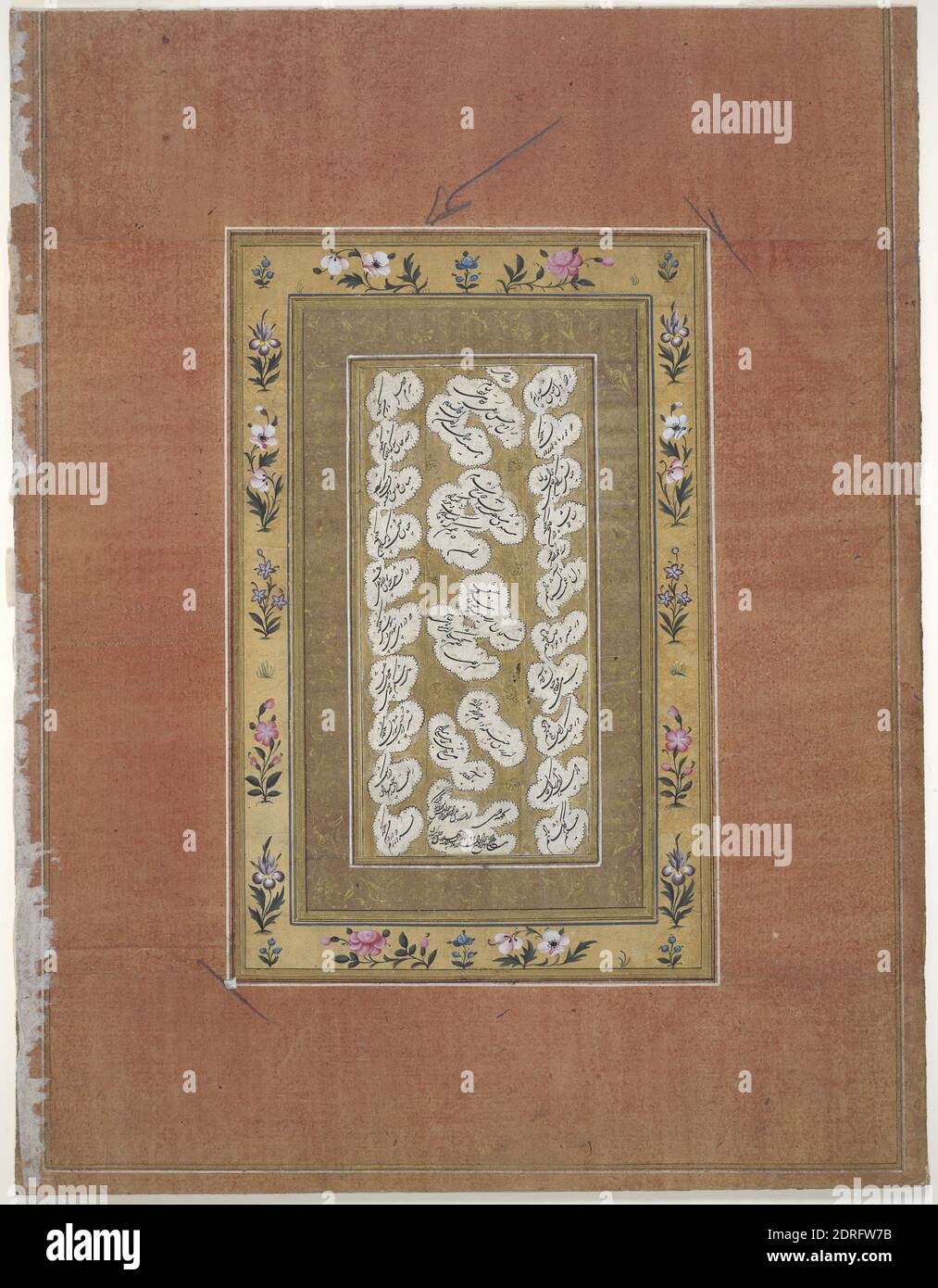 Gedicht in Shikasta-Schrift, Tinte, Farbe und Gold auf Papier, Bild: 6 7/8 × 4 1/2 Zoll (17.5 × 11.4 cm), weist die Unterschrift auf der Seite darauf hin, dass der Kalligraph dieses Gedicht in der Stadt Isfahan auf Wunsch seines Freundes kopiert hat. Royal Workshops waren nicht der einzige Ort, an dem Künstler Kunst schufen; soziale Kontexte außerhalb der Workshop-Netzwerke waren auch Orte künstlerischer Produktion. Gold wurde später um die Buchstaben, die zeigt, dass der Besitzer dieses Stück Kalligraphie geschätzt., iranisch/persisch, islamisch, Zand-Dynastie (1751 - 1794), Werke auf Papier - Handschriften Stockfoto