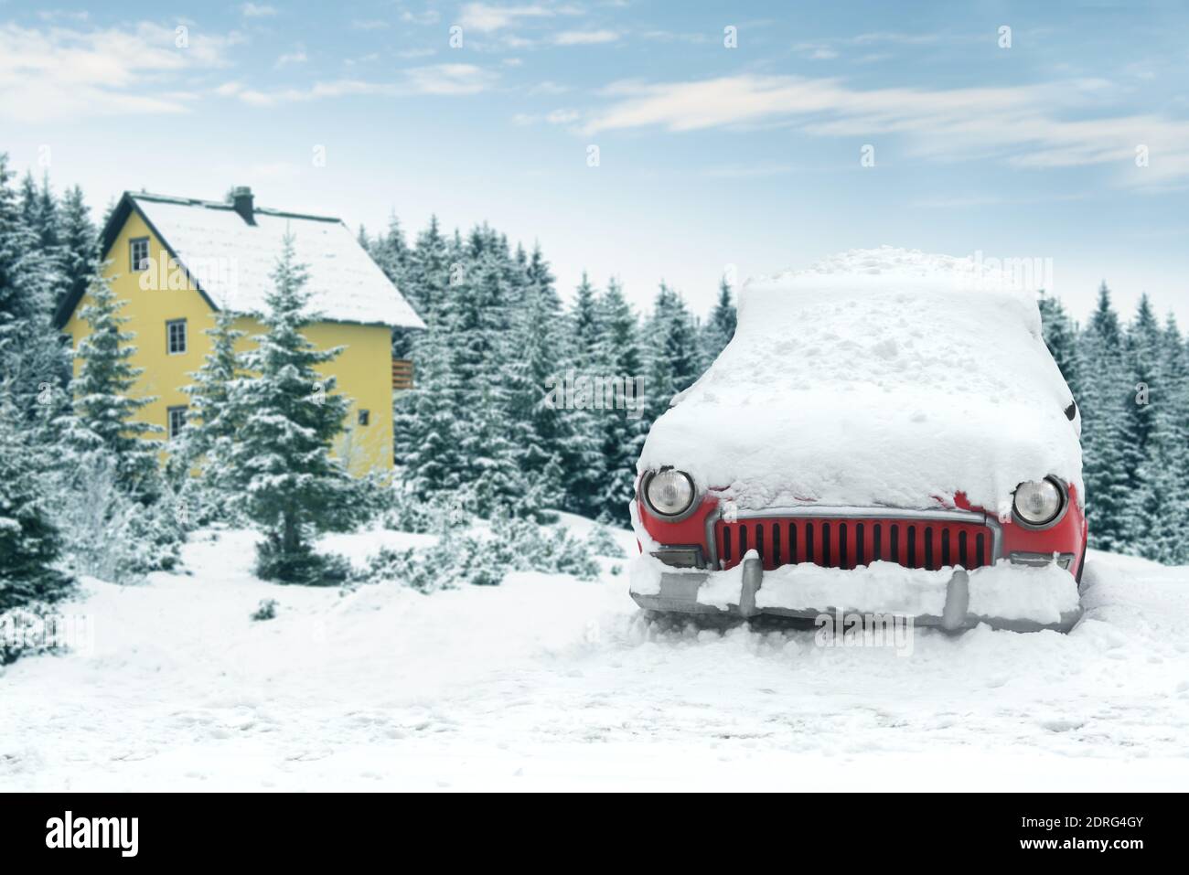 Retro-Auto mit Schnee bedeckt auf dem Hintergrund eines Holzhaus Stockfoto