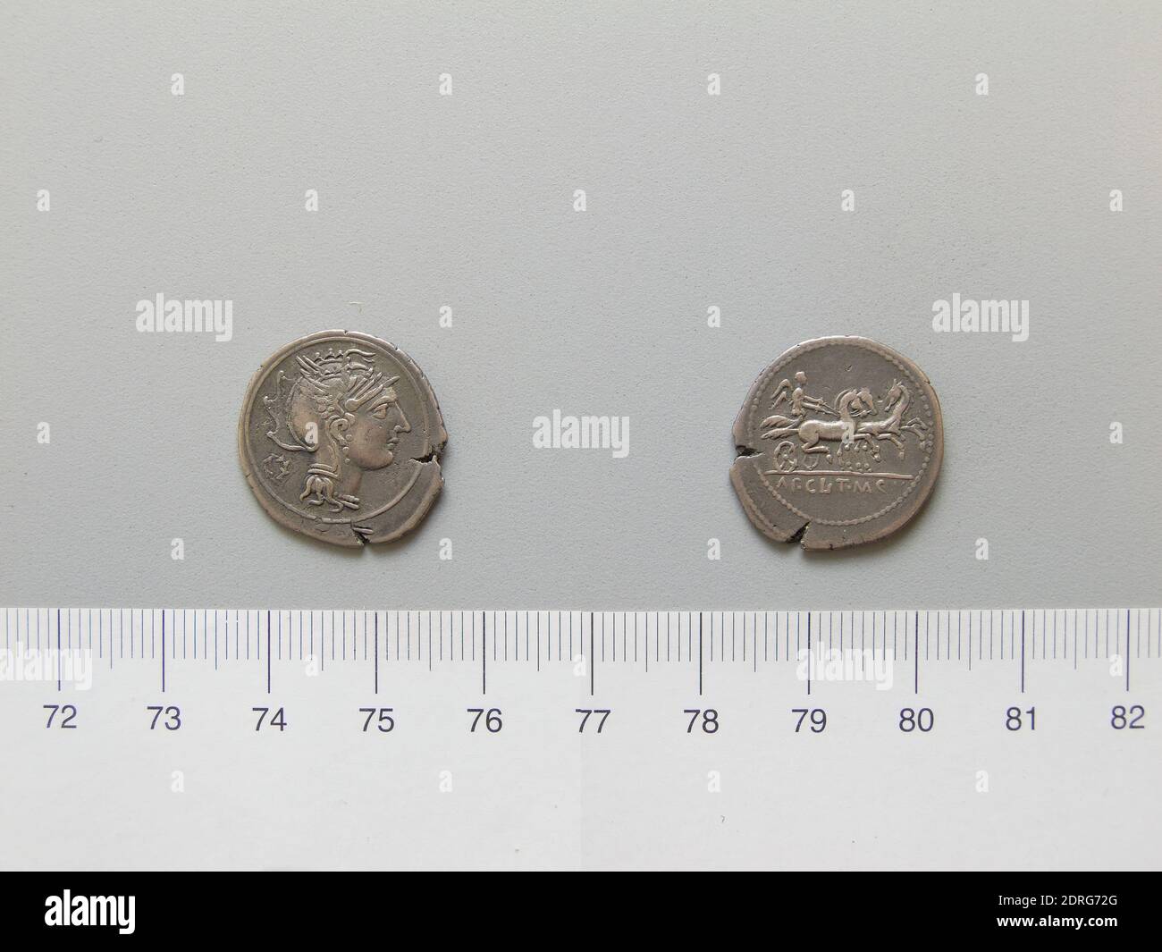 Münzstätte: Rom, Magistrat: T. MALMagistrat: Q. VRMagistrat: Appius Claudius Pulcher, Denarius aus Rom, 111–110 v. Chr., Silber, 3.19 g, 12:00, 20 mm, Made in Rome, Italy, Roman, 2. Jahrhundert v. Chr., Numismatik Stockfoto