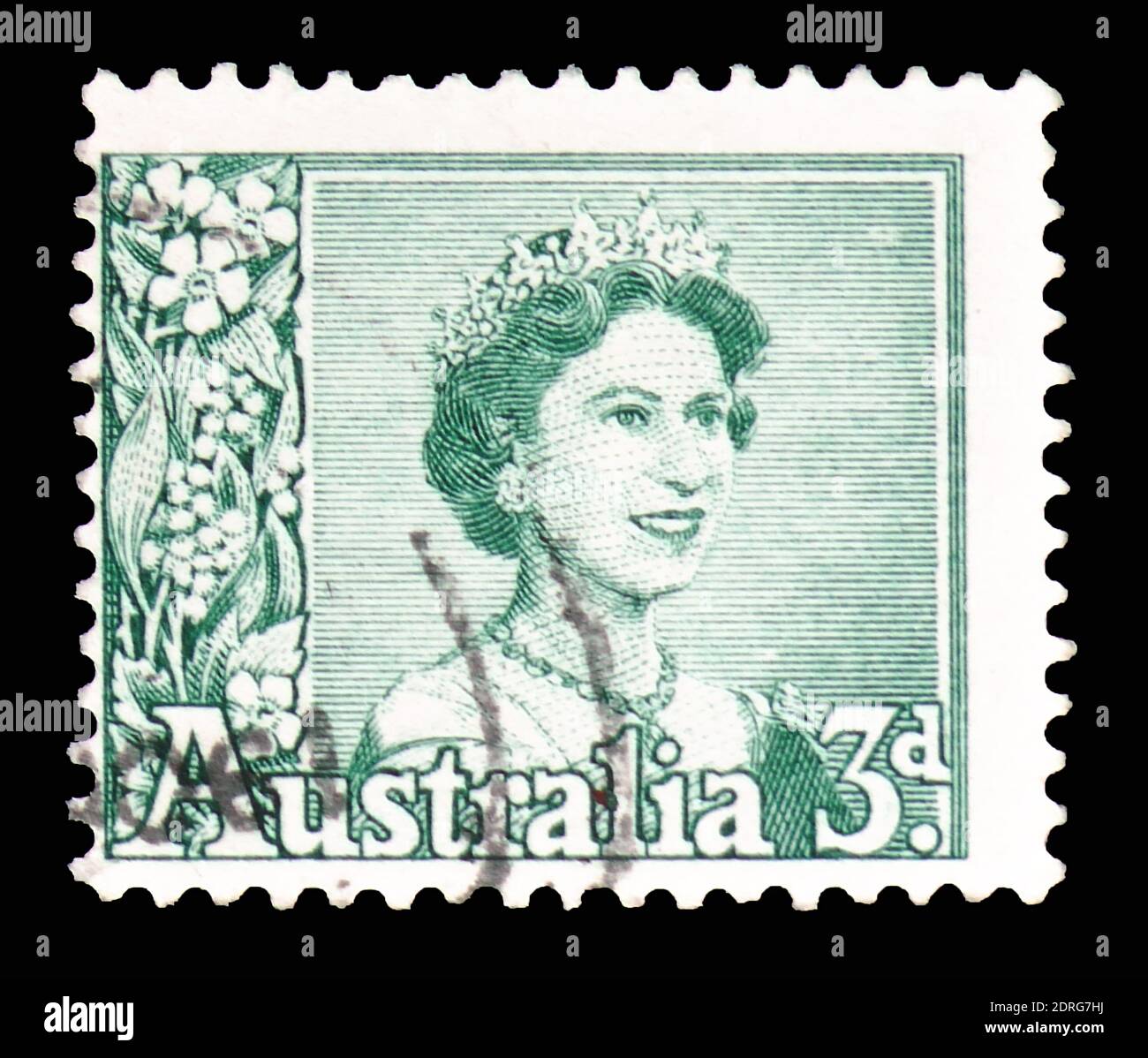 MOSKAU, RUSSLAND - 10. FEBRUAR 2019: Eine in Australien gedruckte Briefmarke zeigt Queen Elizabeth II., Serie, um 1959 Stockfoto