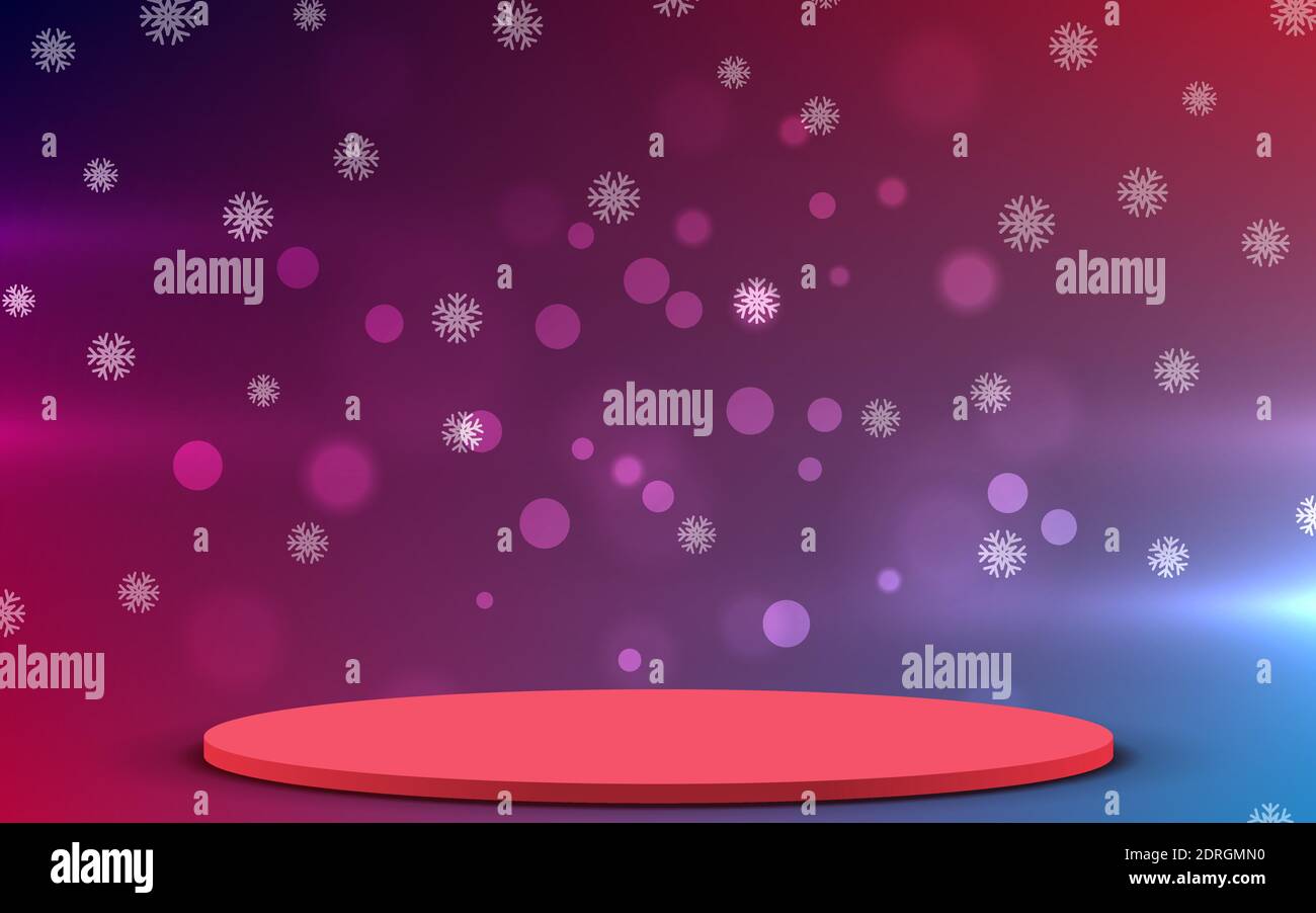 Red Podium weißen Schnee und bunten Bokeh Licht Hintergrund Stock Vektor