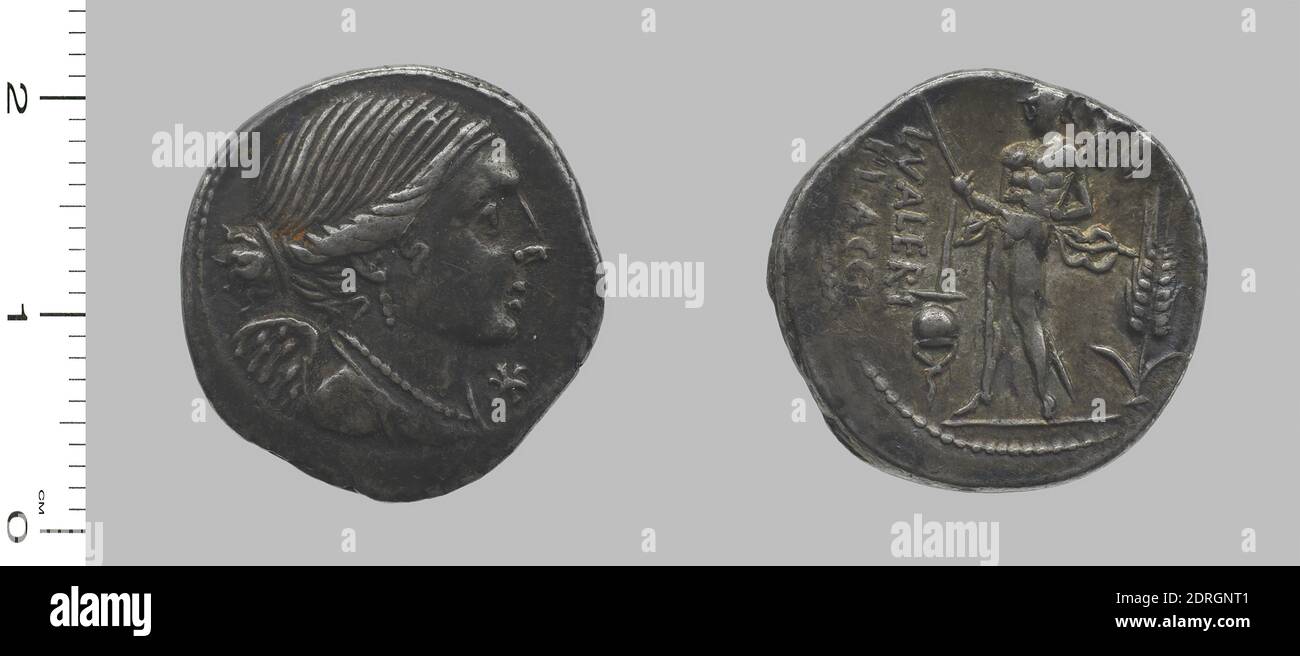 Münzstätte: Rom, Magistrat: L. Valerius Flaccus, Denarius aus Rom, 108–107 v. Chr., Silber, 3.90 g, 9:00, 19.5 mm, Made in Rome, Italy, Roman, 2. Jahrhundert v. Chr., Numismatik Stockfoto