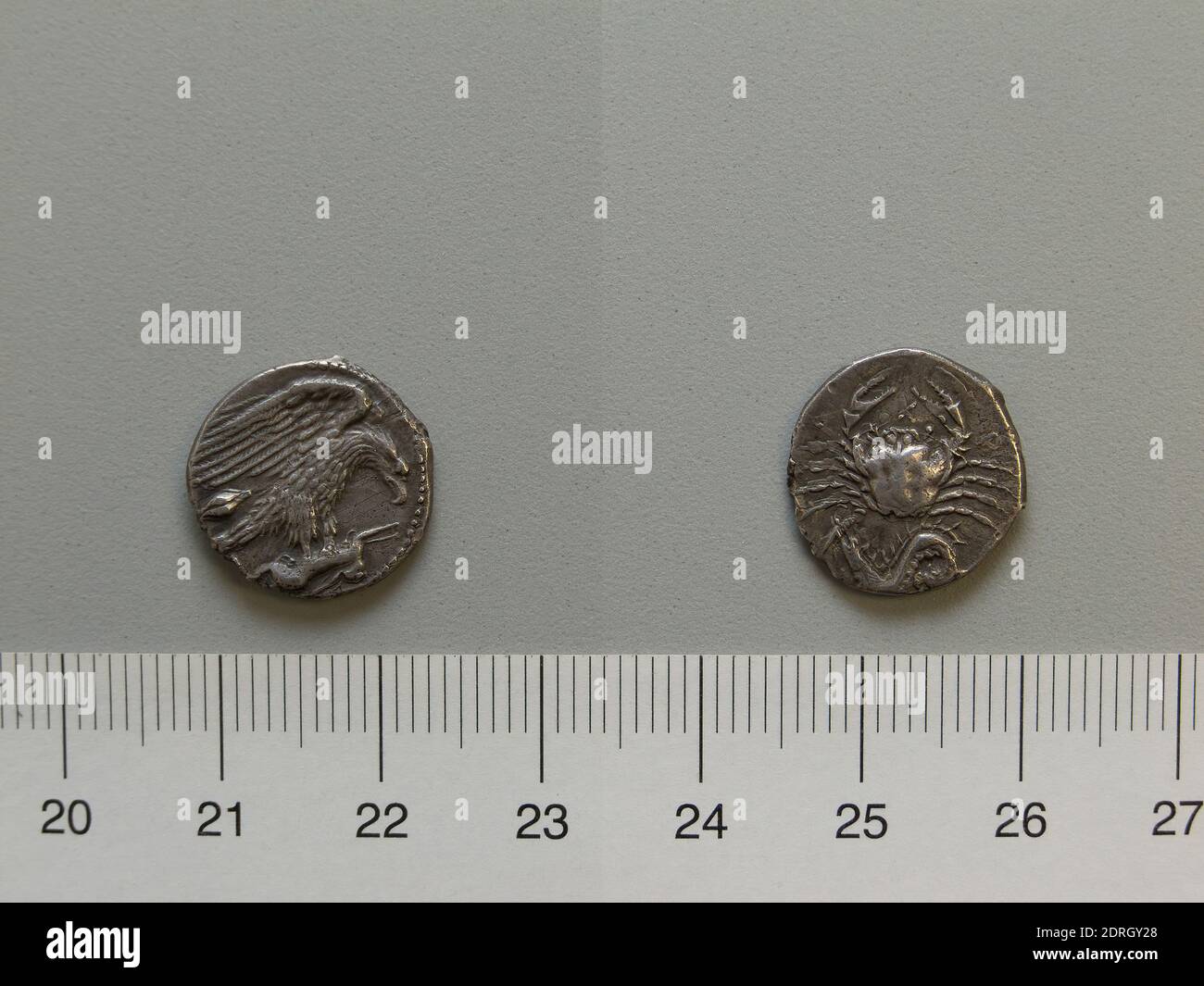 Münzstätte: Agrigentum, Hemidrachm von Agrigentum, 413–406 v. Chr., Silber, 2.07 g, 8:00, 15 mm, hergestellt in Agrigentum, Griechisch, 5. Jh. v. Chr., Numismatik Stockfoto