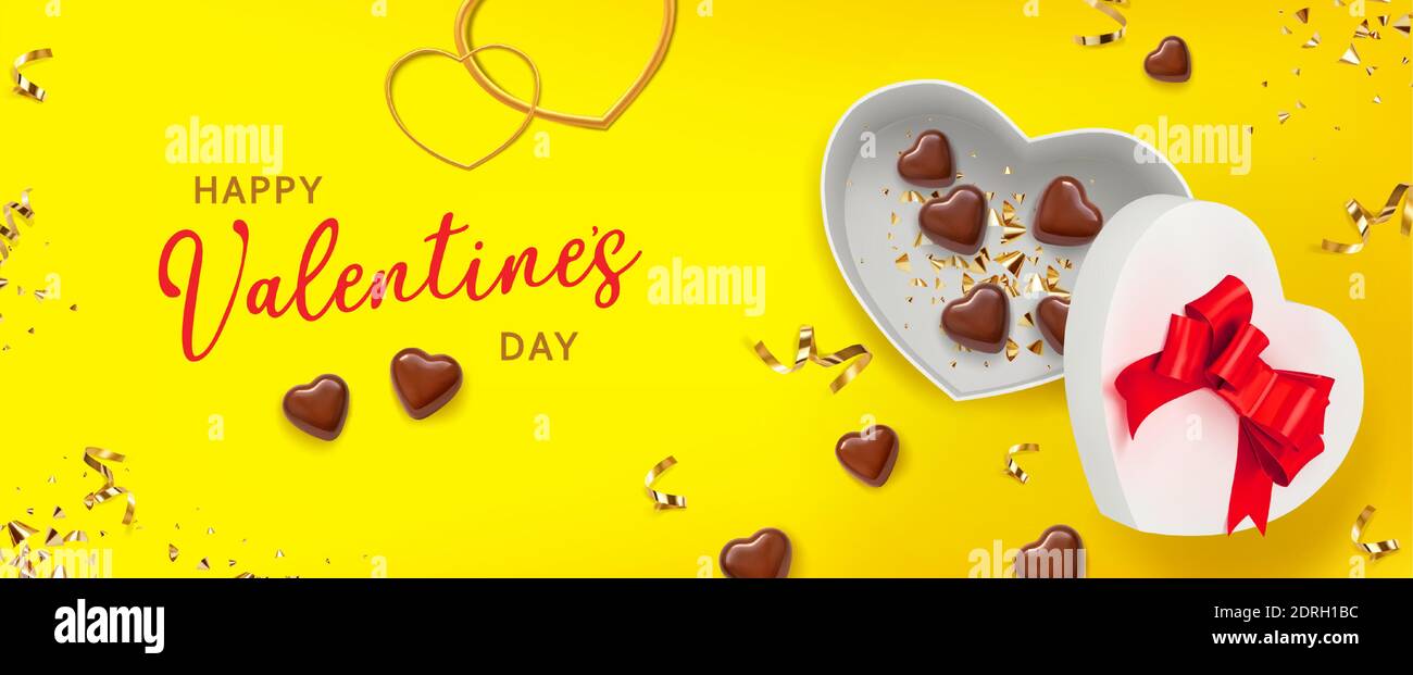 Valentine Geschenkbox Form Herz auf gelbem Hintergrund mit Schokolade Form Herz. Tolles Design für jeden Zweck. Grußkarte, Banner, Poster. Vektor Stock Vektor