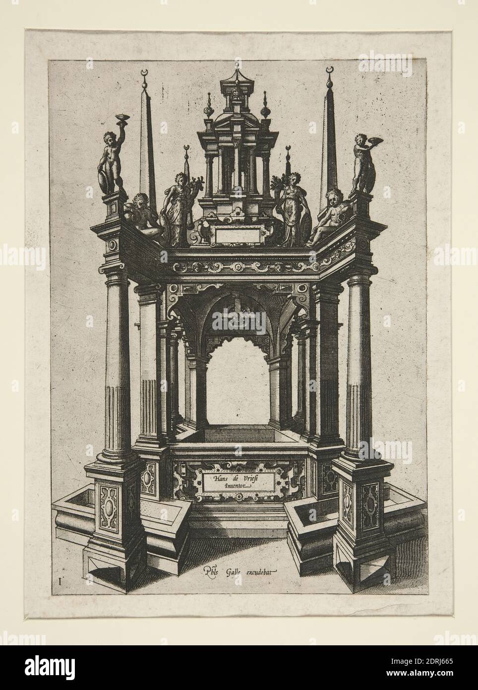 Künstler: Philip Galle, Flämisch, 1537–1612, nach: Hans Vredeman de Vries, Niederländisch, 1527–ca. 1606, Entwurf für Architekturbrunnen Gehäuse, Gravur, Plattenmark: 19.8 × 14.1 cm (7 13/16 × 5 9/16 in.), hergestellt in Flandern, Flämisch, 16. Jahrhundert, Arbeiten auf Papier - Drucke Stockfoto