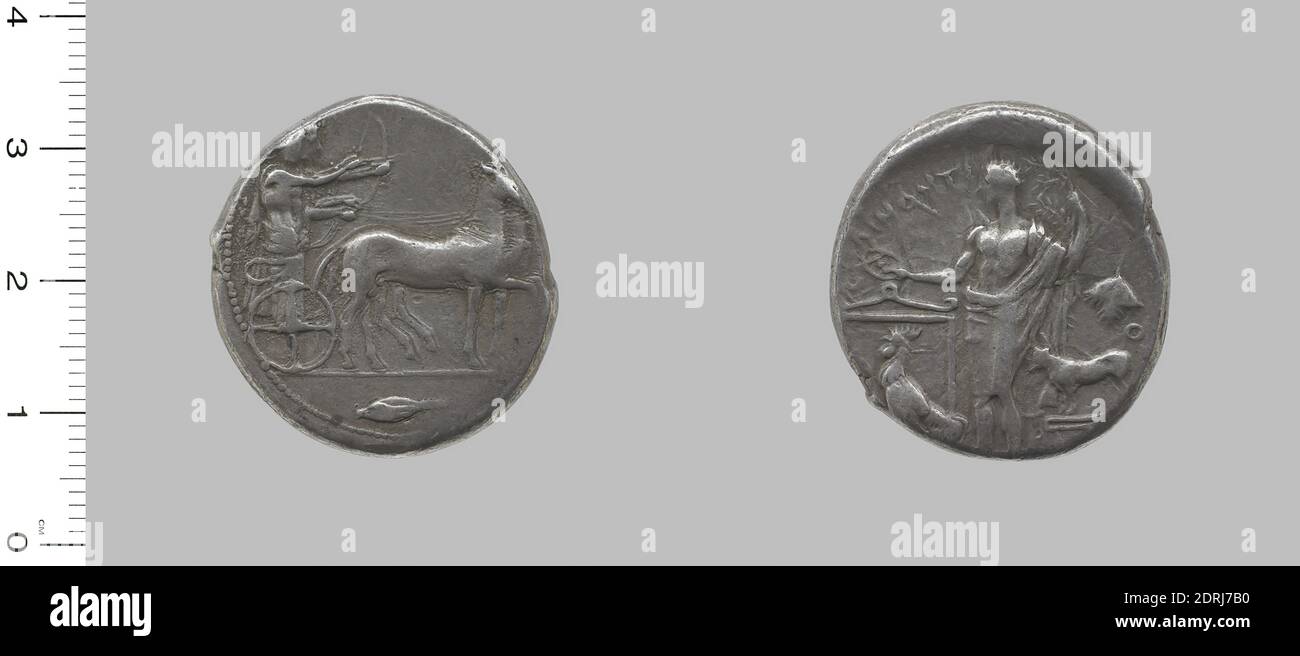 Münzstätte: Selinus, Tetradrachm von Selinus, 455–409 v. Chr., Silber, hergestellt in Selinus, Sizilien, Griechisch, 5. Jahrhundert v. Chr., Numismatik Stockfoto