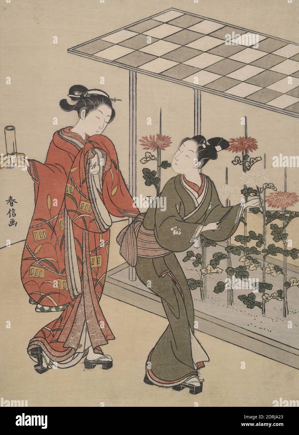 Künstler: Suzuki Harunobu, japanisch, 1725–1770, Chrysanthemum Viewing, Ukiyo-e; polychromer Holzschnitt, Blatt: 11 1/8 × 8 3/16 in. (28.3 × 20.8 cm), Japan, Japanisch, Edo-Zeit (1615–1868), Arbeiten auf Papier - Drucke Stockfoto