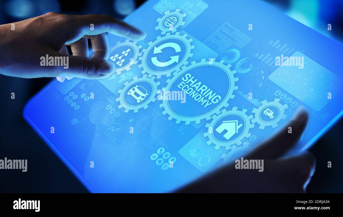 Gemeinsame Nutzung von Wirtschaft, Innovation und Zukunft Business Technology Konzept auf virtuellen Bildschirm Stockfoto