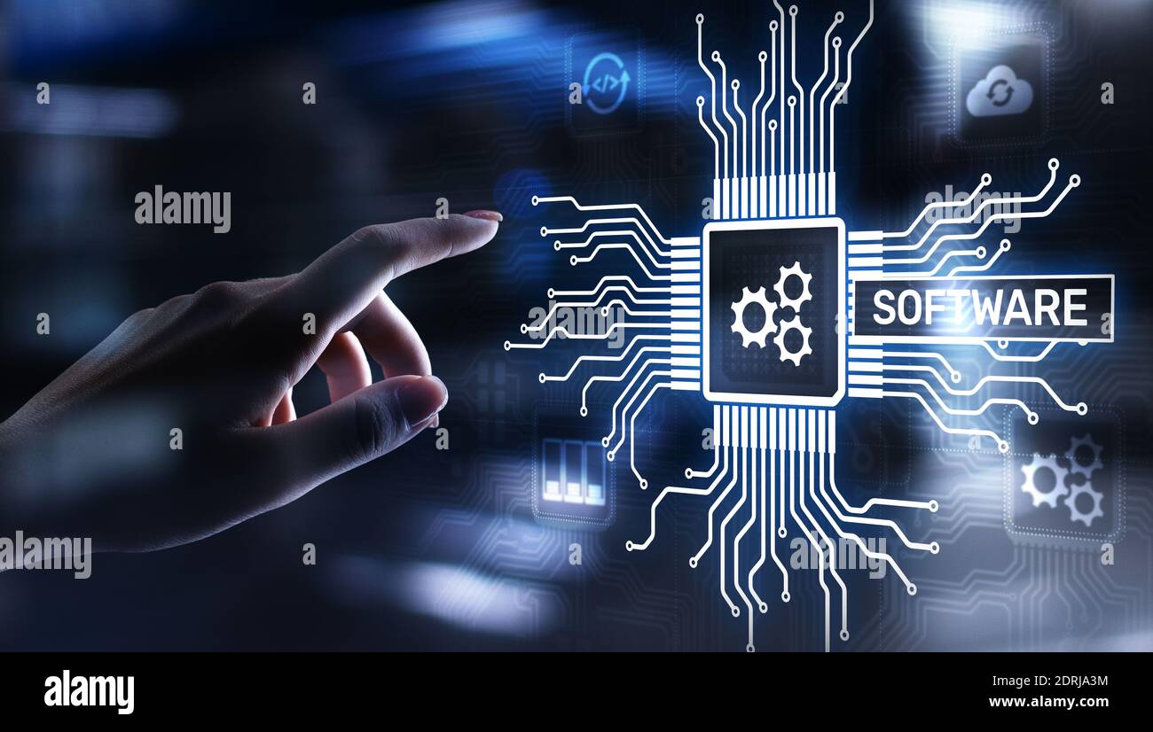 Softwareentwicklung und Geschäftsprozessautomatisierung, Internet- und Technologiekonzept auf virtuellem Bildschirm Stockfoto