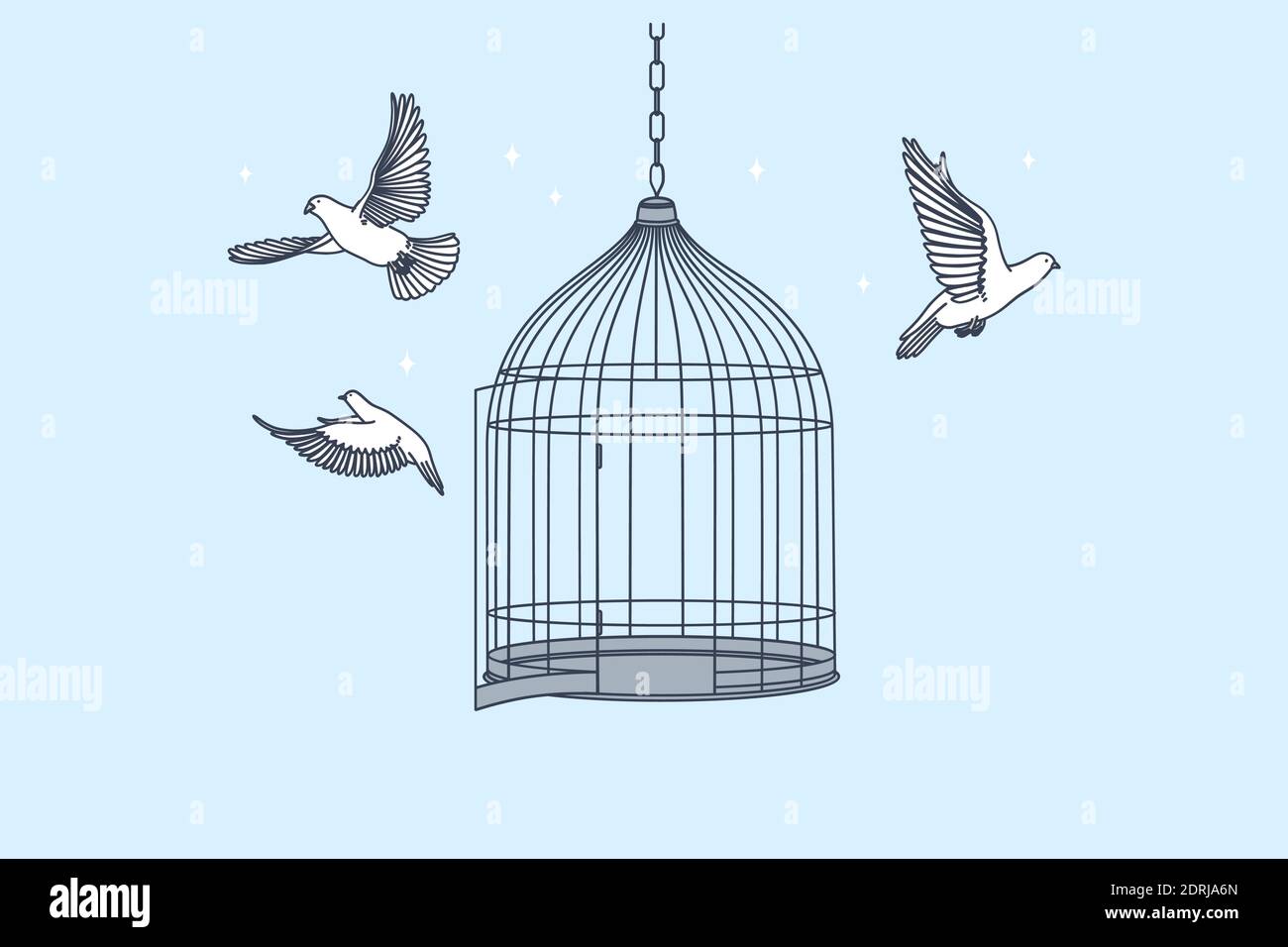 Neue Möglichkeiten, Freiheit, Konzept der geistigen Entwicklung. Offener Käfig mit Fliegen von innen Tauben Vögel bedeutet immer Freiheit von Geist und Körper illustrr Stock Vektor