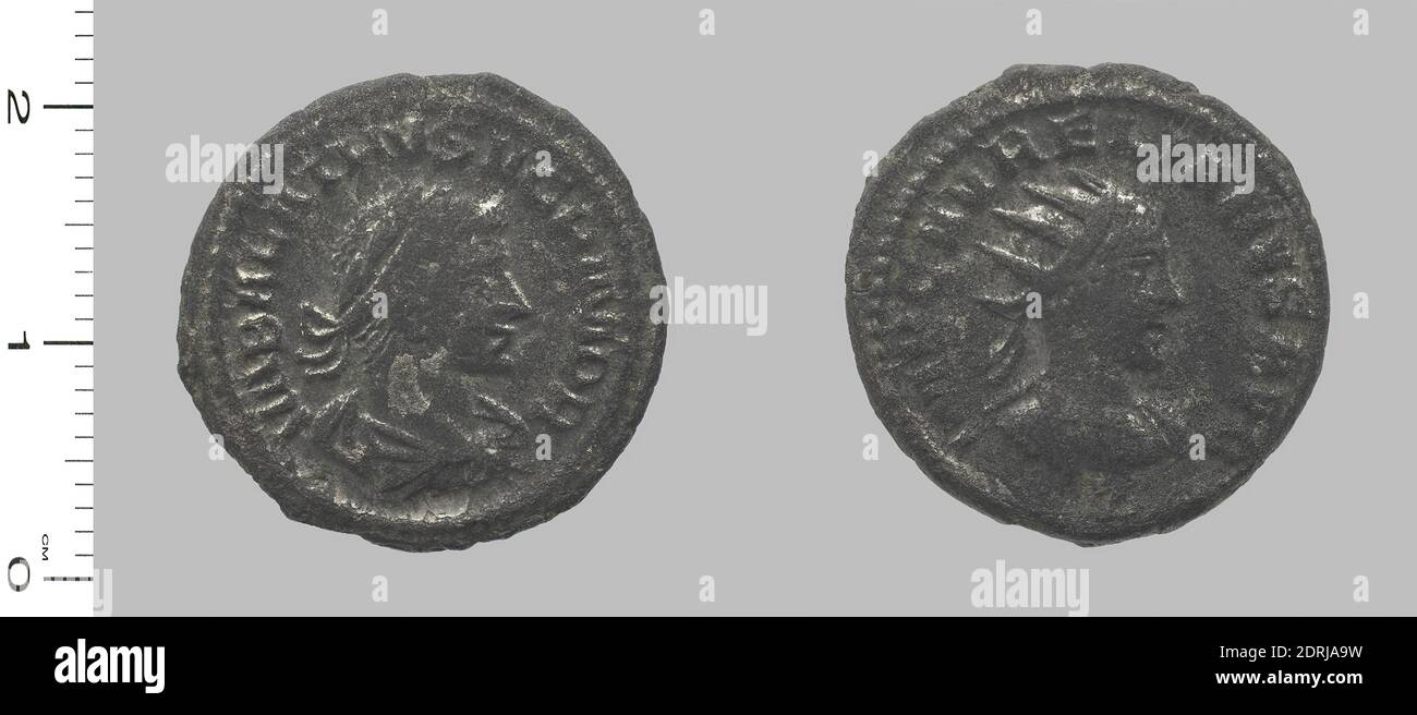 Herrscher: Vaballathus, König von Palmyra und Usurpator in Syrien 270 n.Chr., Herrscher: Aurelian, Kaiser von Rom, 214 n.Chr.–275 n.Chr., regiert 270–75, Münzstätte: Antiochia, Ausstrahlung von Aurelian, Kaiser von Rom; Vaballathus, König von Palmyra und Usurper in Syrien aus Antiochien, 272, unversilbert, 4.33 g, 5:00, 21 mm, hergestellt in Antiochia, Seleucis und Pieria, römisch, 3. Jahrhundert n. Chr., Numismatik Stockfoto