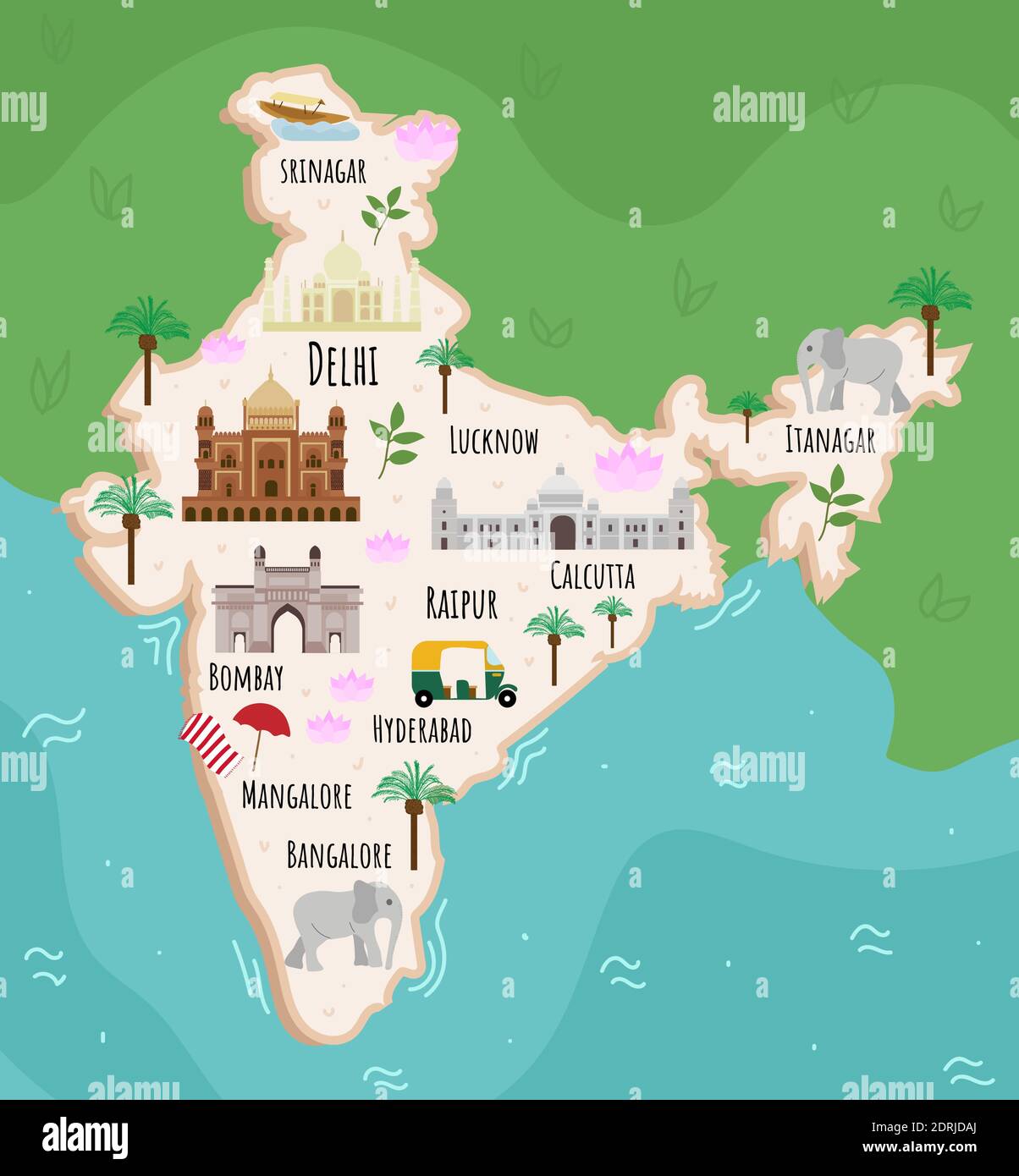 Touristische Infografiken über Indien. Cartoon-Karte des asiatischen Landes. Reise-Illustration mit Sehenswürdigkeiten, Gebäuden, Lebensmitteln und Pflanzen. Delhi, Taj Mahal, Bomb Stock Vektor