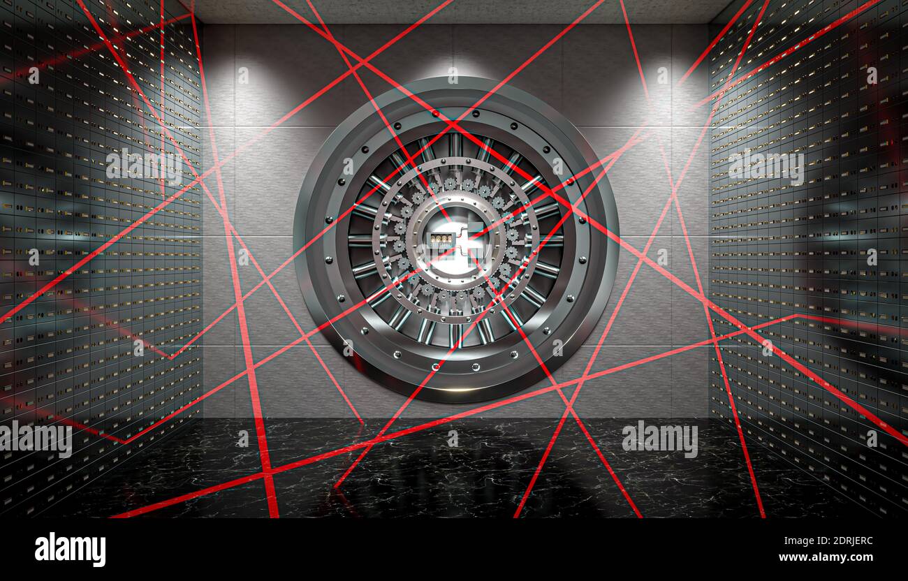 Laserstrahl-Sicherheitssystem in einer Bank, Tresortür und Schließfächer. 3d-Rendering Stockfoto