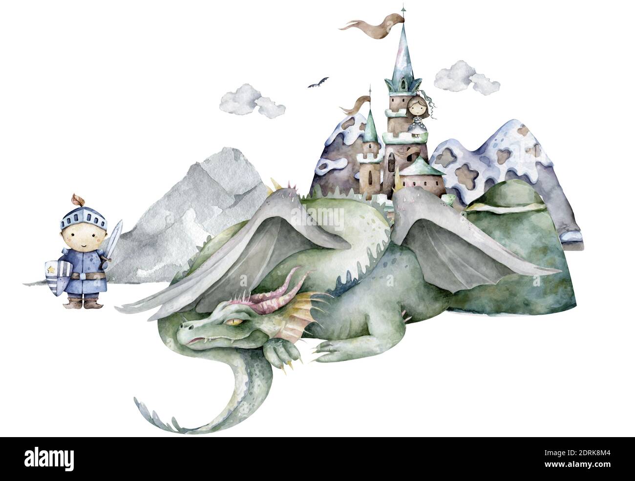 Knabe Ritter und grüner Drache um Berg und Burg. Abenteuer Kind Cartoon Hand gezeichnet Kind Illustration auf weißem Hintergrund Stockfoto