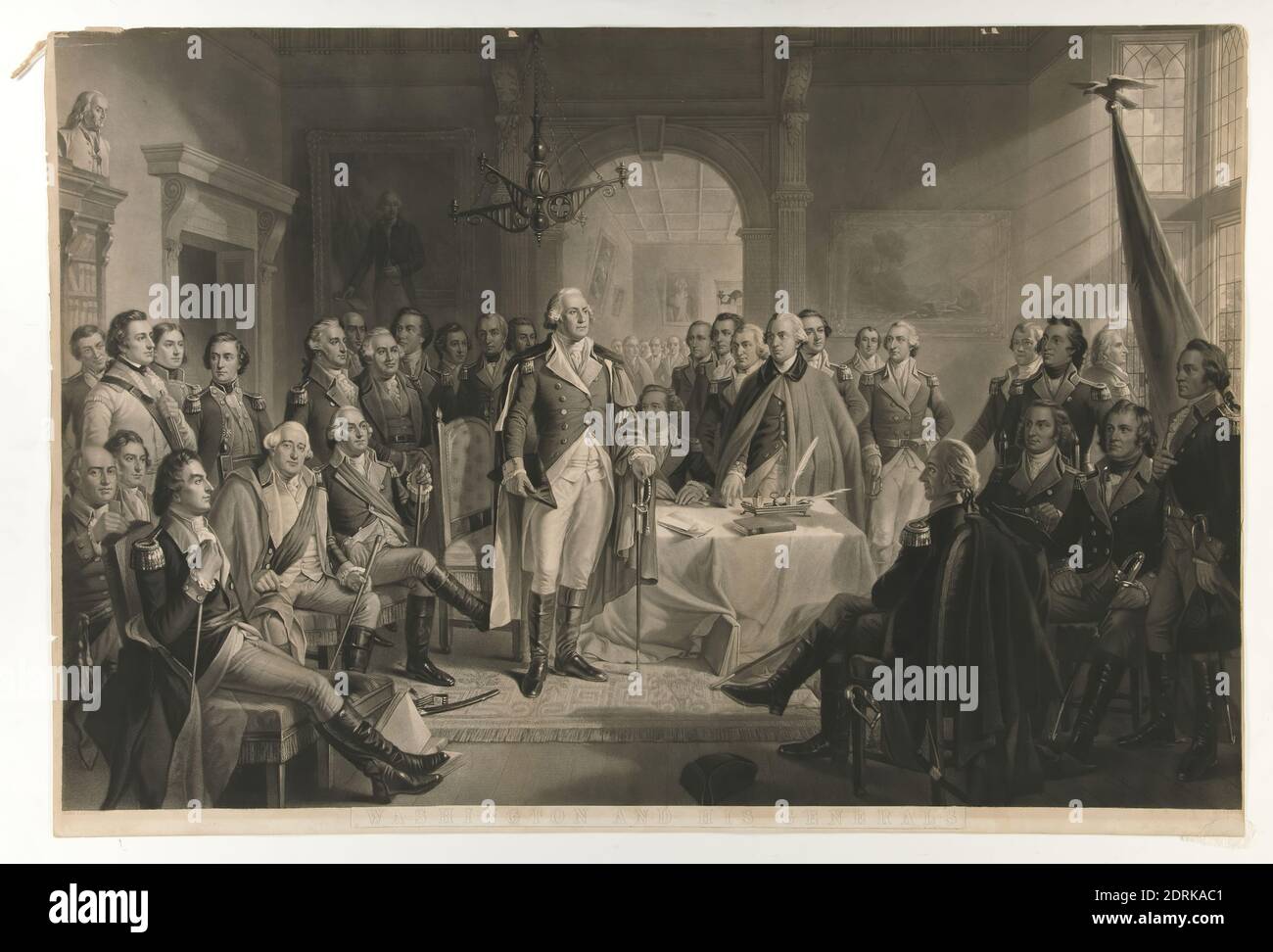 Künstler: Alexander Hay Ritchie, Amerikaner, geboren Schottland, 1822–1895, Washington und seine Generäle, Mezzotint und Gravur, Blatt: 61.91 × 90.96 cm (24 3/8 × 35 13/16 in.), Made in United States, Amerikaner, 19. Jahrhundert, Arbeiten auf Papier - Drucke Stockfoto