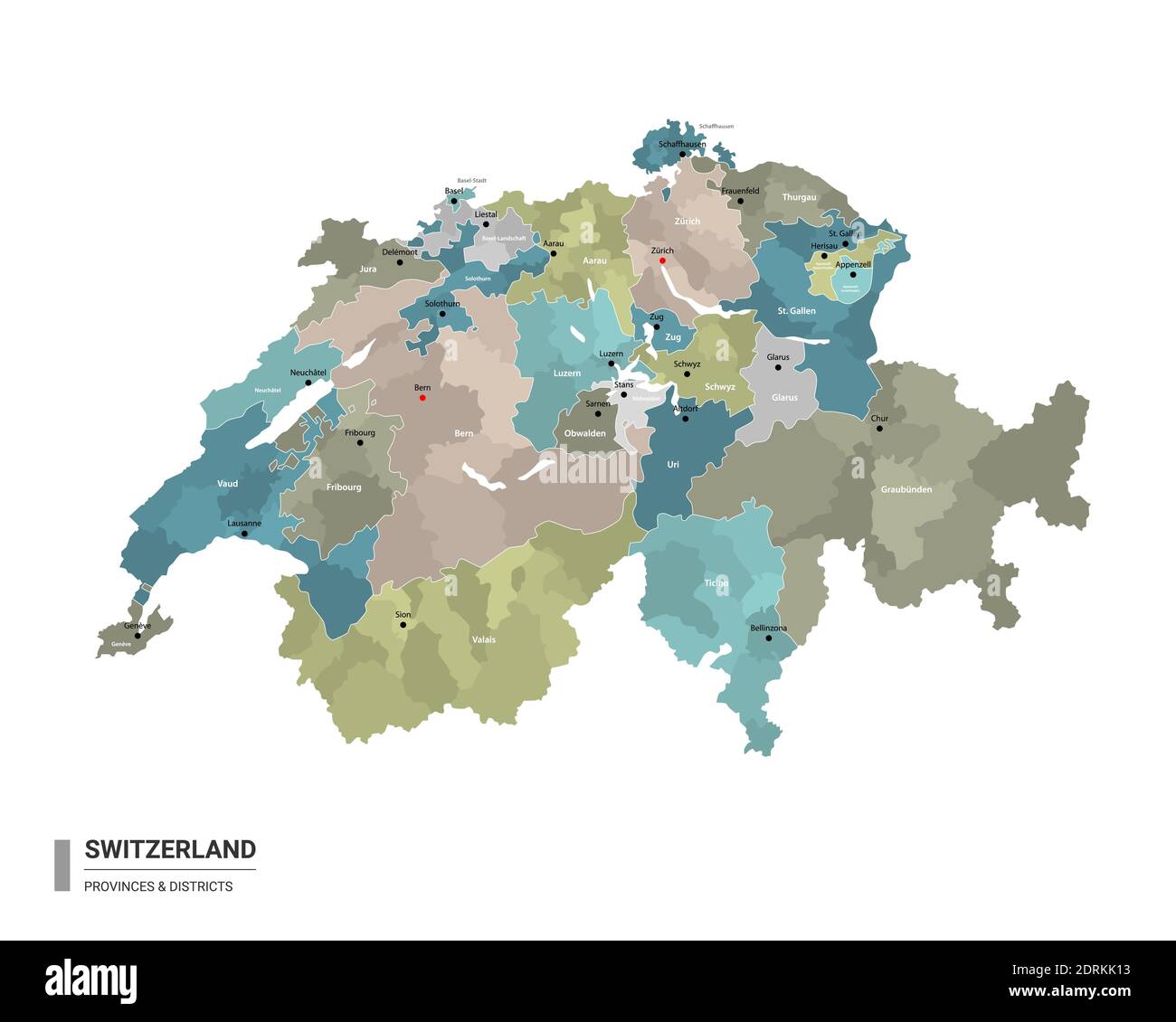 Schweiz Higt Detailkarte mit Unterteilungen. Verwaltungskarte der Schweiz mit Bezirks- und Stadtnamen, farbig nach Bundesländern und administrativ Stock Vektor