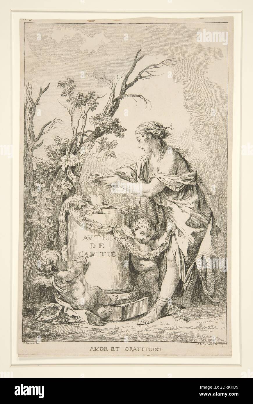 Künstler: Ange-Laurent de La Live de July, französisch, 1725–1779, nach: François Boucher, französisch, 1703–1770, Jeune fille sacrifiant sur l’ autel de l’amitia (EIN junges Mädchen, das auf dem Altar der Freundschaft opfert), 18. Jahrhundert, Radierung, Bild: 26.5 × 17 cm (10 7/16 × 6 11/16 in.); Blatt (im Plattenmark geschnitten): 28.3 × 17.8 cm (11 1/8 × 7 in.), hergestellt in Frankreich, Französisch, 18. Jahrhundert, Arbeiten auf Papier - Drucke Stockfoto