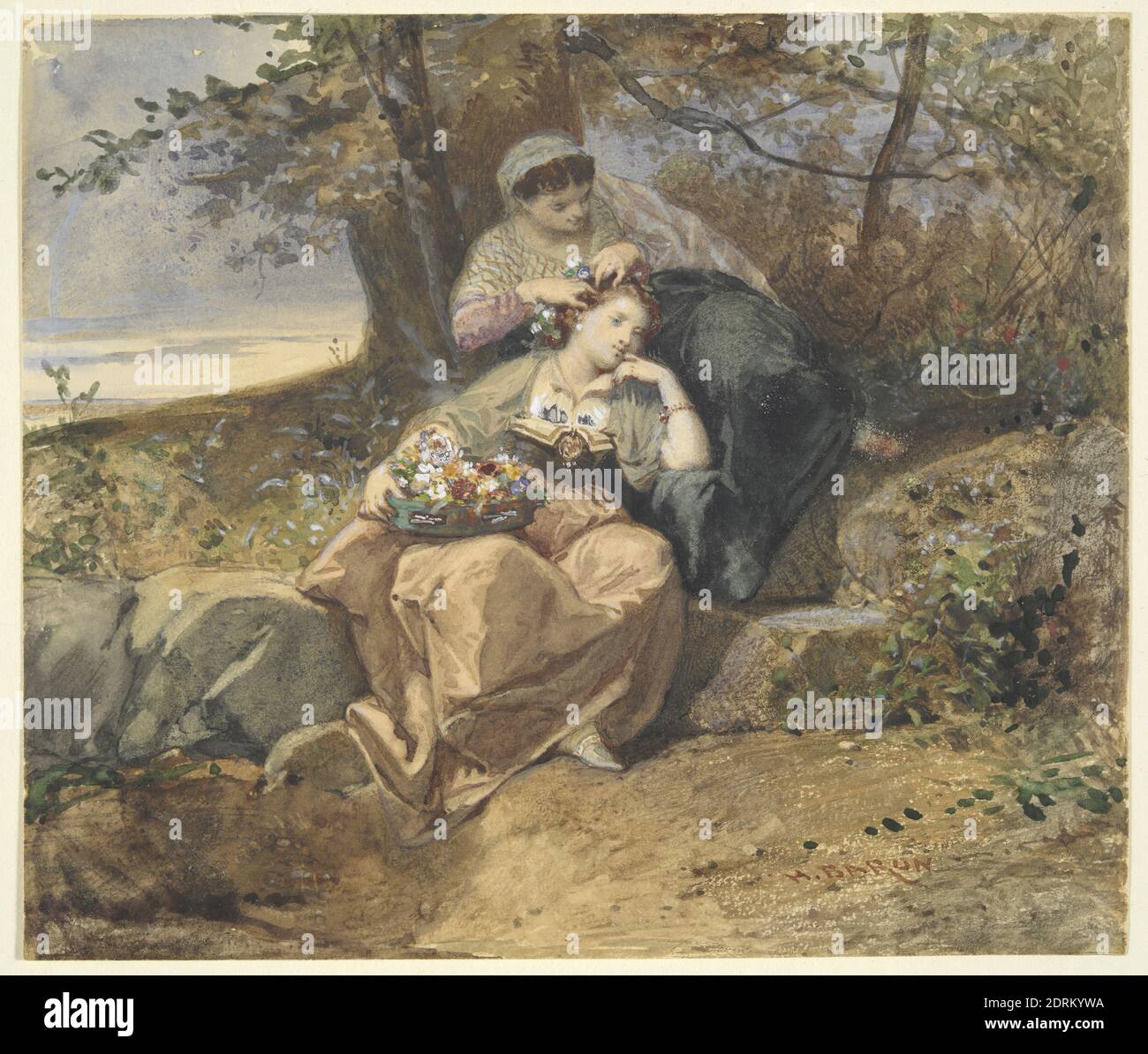 Künstler: Henri-Charles-Antoine Baron, französisch, 1816–1885, zwei Frauen, Aquarell, Bogen: 14 × 16.5 cm (5 1/2 × 6 1/2 in.), in Frankreich hergestellt, französisch, 19. Jahrhundert, Arbeiten auf Papier - Zeichnungen und Aquarelle Stockfoto