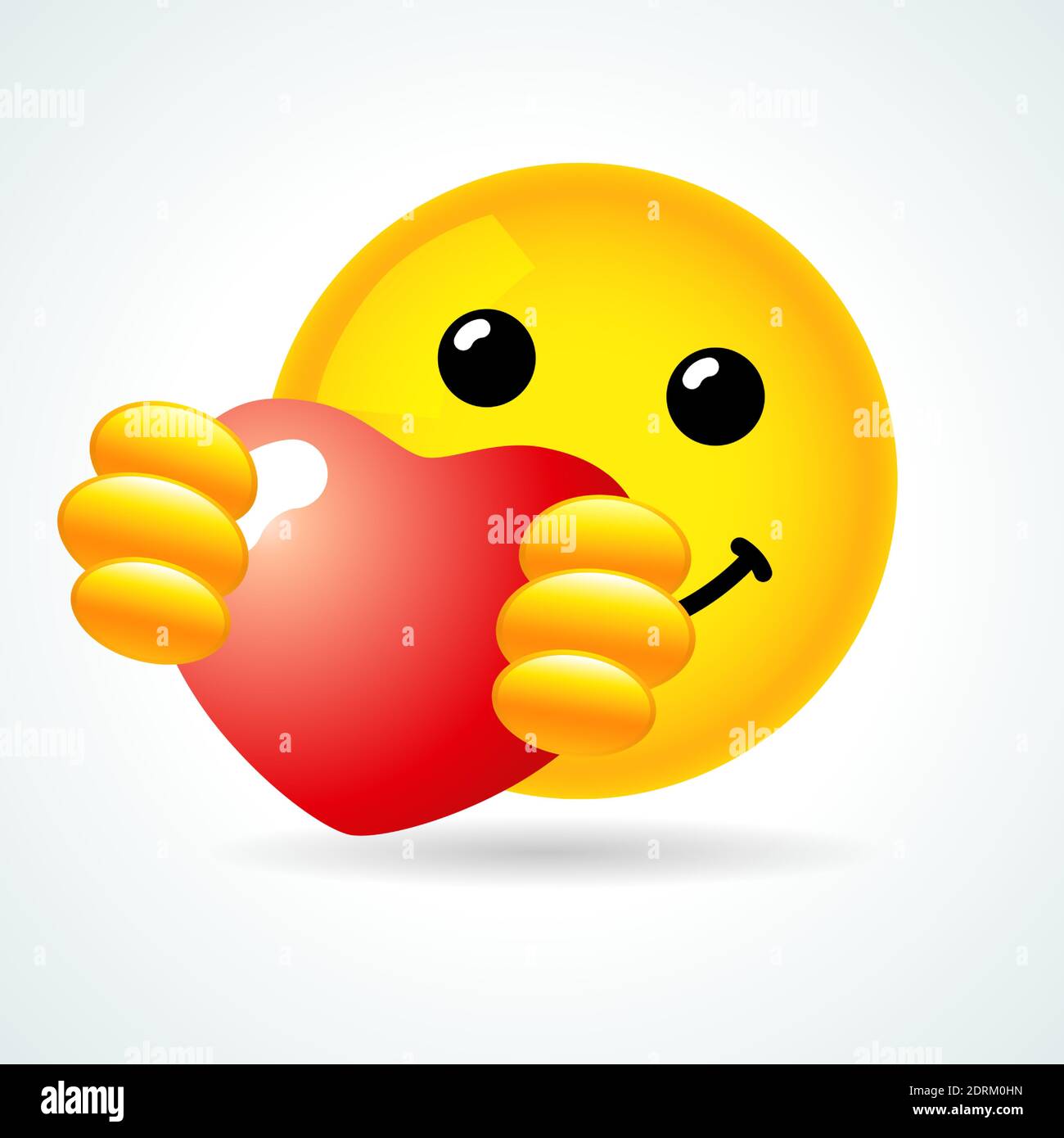 Emoji Lächeln umarmt ein rotes Herz. Gelbes 3D lächelndes Gesicht und rotes Herz. Vektor-Illustration Liebe Emoticon für Valentinstag Stock Vektor