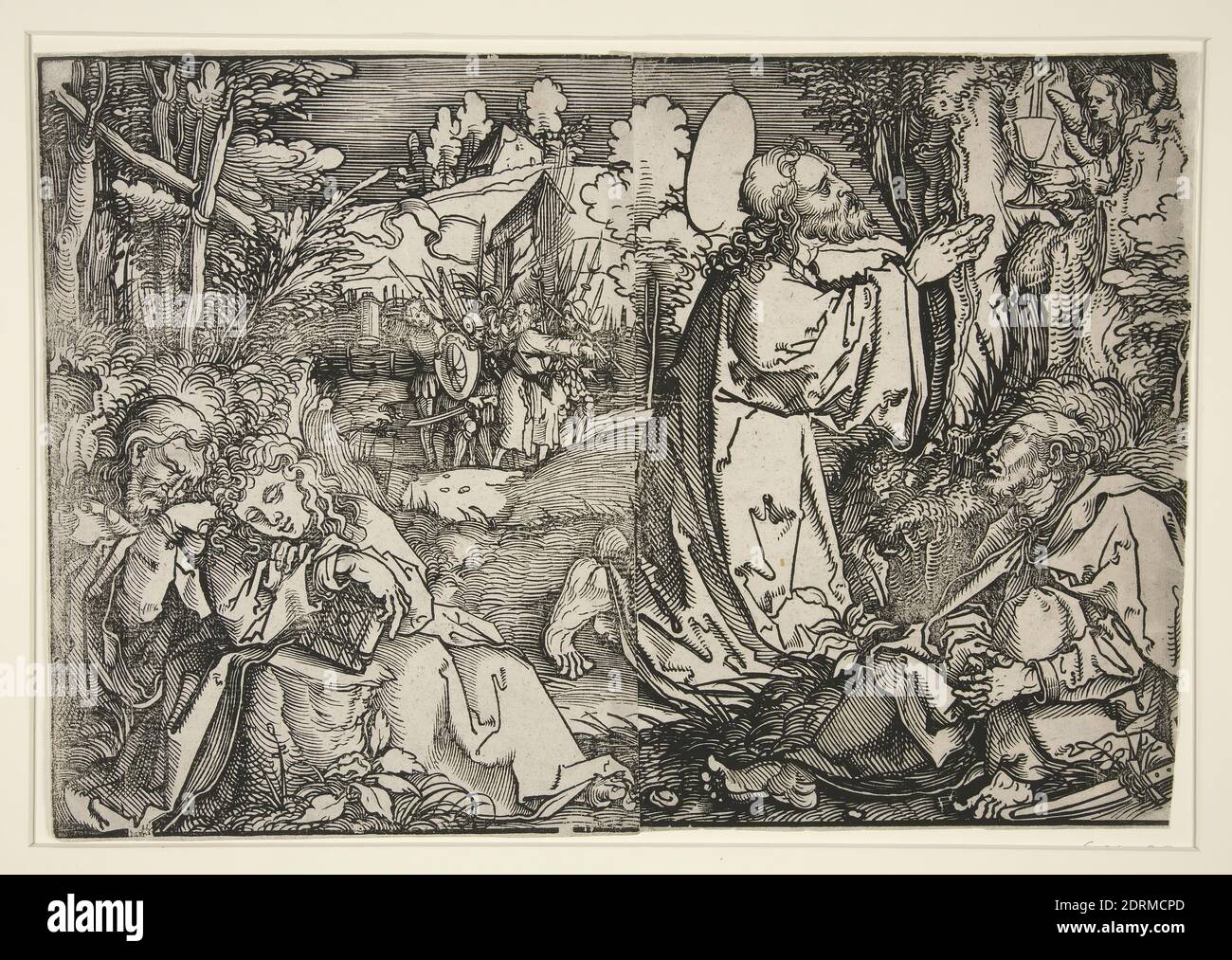 Künstler: Hans Weiditz, deutsch, 1495–1536, Christus auf dem Ölberg, ca. 1522, Holzschnitt (2 Blöcke, je eine für jede Bildhälfte), Blatt: 29.2 × 43.4 cm 11 1/2, Made in Germany, deutsch, 16. Jahrhundert, Arbeiten auf Papier - × 17 1/16 Drucke Stockfoto